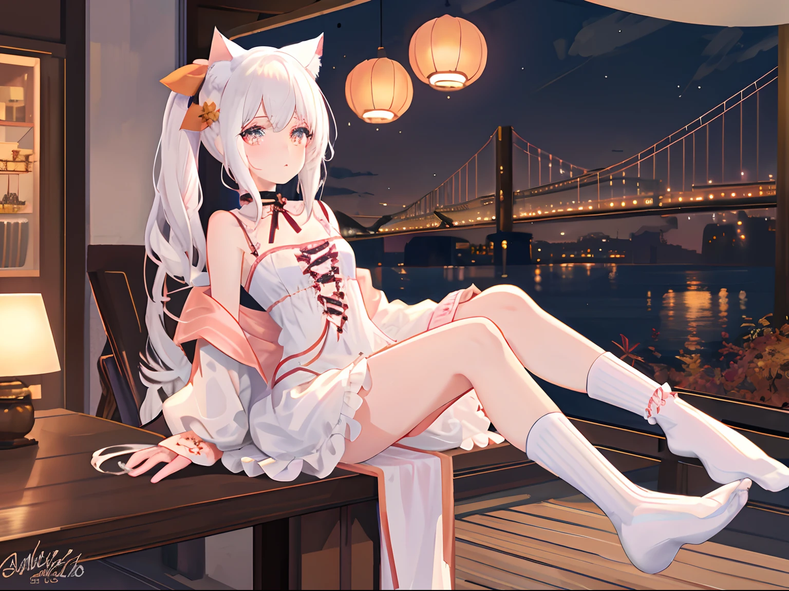 1girl, solo, white hair, (peach eyes: 1.8), masterpiece, best quality, looking at viewer, full body, adult, cat ears, cat tail, detailed, suprised expression, small breasts, loungewear, hd, pixiv, 4k, detailed, hyperdetailed, socks, comfortable, train, autumn, sitting at table, riding tain