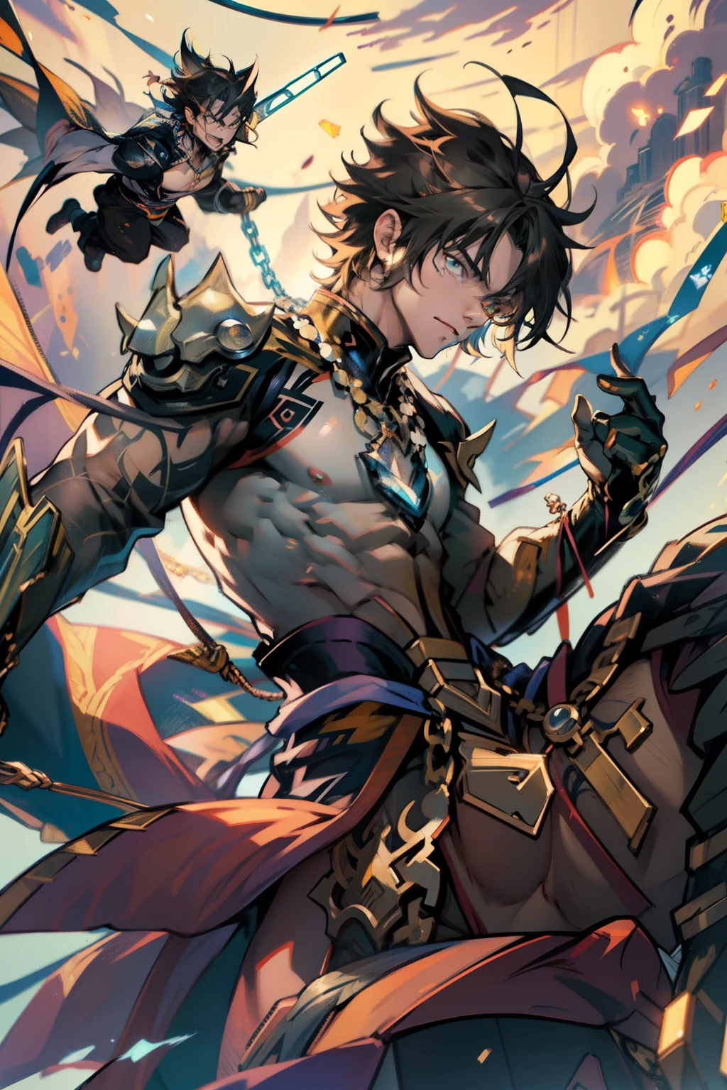 male people,((Masterpiece)), ((Best quality)), Ultra detailed,((illustration)), Dynamic Angle, Detailed light, (Delicate eyes), Floating, 1boy, Male focus, Head, Clothing, Yellow eyes, necklace, tattoo, (Forehead:0.8), (ahoge:0.8), jewelry, apathy,Ray, chest muscle, Sexy ,frontage,style of anime4 K, 4K anime wallpaper, Badass anime 8 K, 4 k comic wallpaper, young anime man, Anime boys, Anime wallpapers 4 k, Anime wallpaper 4K, High quality anime art style, Anime moe art style, Anime art wallpaper 8 K, Anime art wallpaper 4 K, RGB lighting