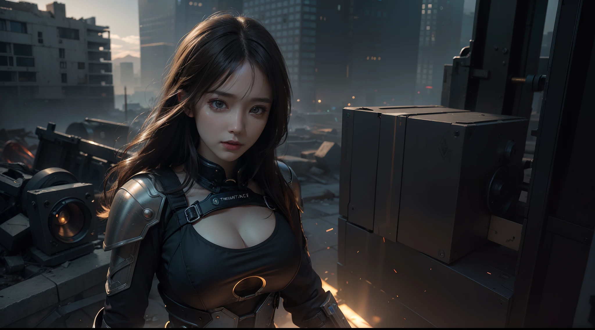 ((best qualtiy)), ((tmasterpiece)), ((Realistis)), (A detailed), (realisticlying:1.5),illusory engine, (High detail: 1.9),(femele:1.4),(big breasts beautiful: 1.4),(carismatic:1.3), (Large breasts), Female angel, Black wings,beuaty girl,beauitful face, looking at viewert, dynamicposes, postapocalyptic, Destroyed city background, scientific fiction, hdr, Ray traching, NVIDIA RTX, Hyper-Resolution, Unreal 5, sub surface scattering, PBR textures, Post-processing, Anisotropic filtering, depth of fields, Maximum clarity and sharpness, trichotomy,8K original,(Luminous Particle:1.4),(VerydetailedCG,Unity 8k壁纸,cinmatic lighting,lens flare glow),Reflectors,Sharp focus,