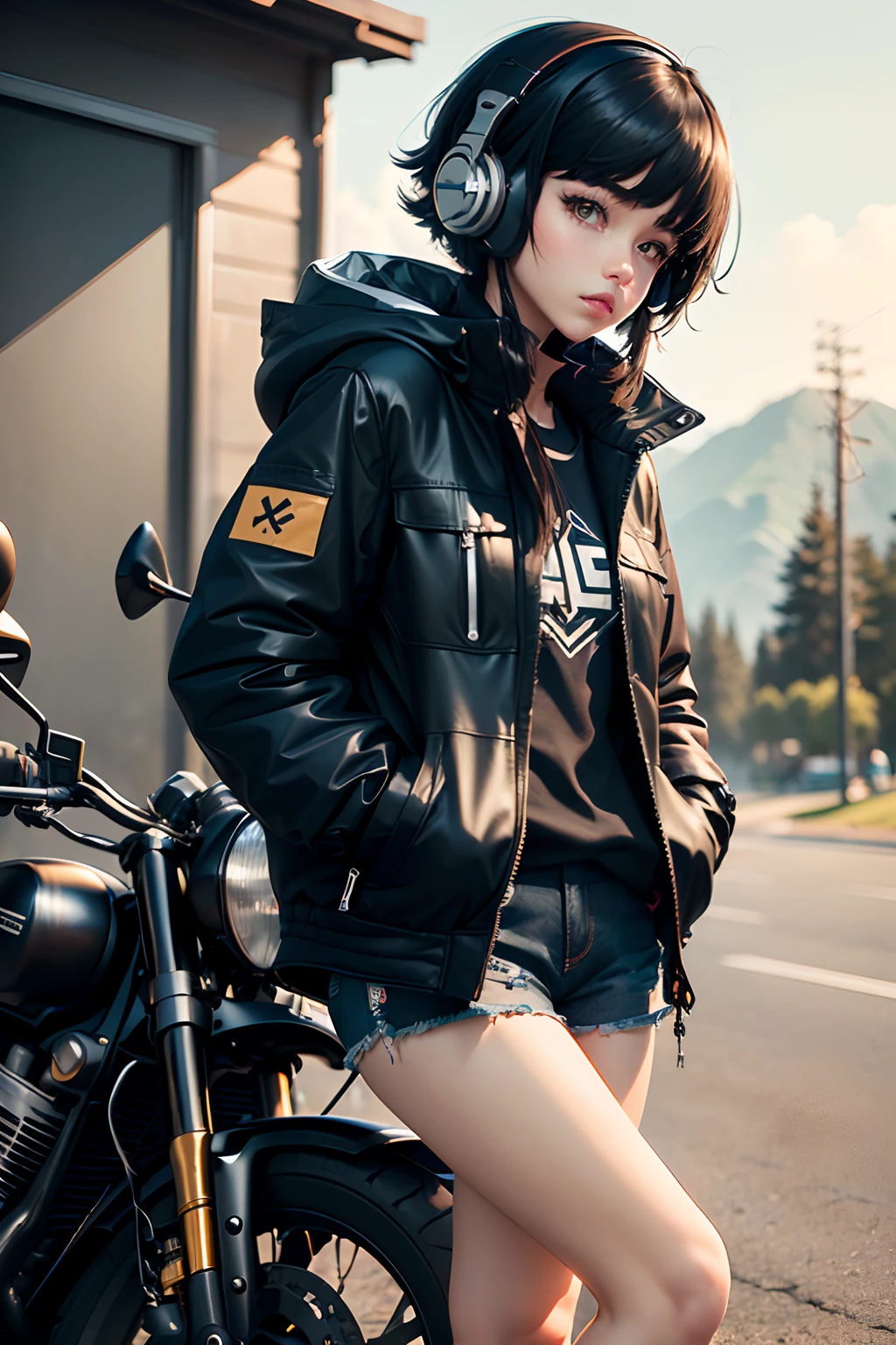 wearing headphone,Black down jacket,black color hair,style of anime,Melancholic,Big high school girl,Black super shorts,the motorcycle,natta,Wilderness Ridge