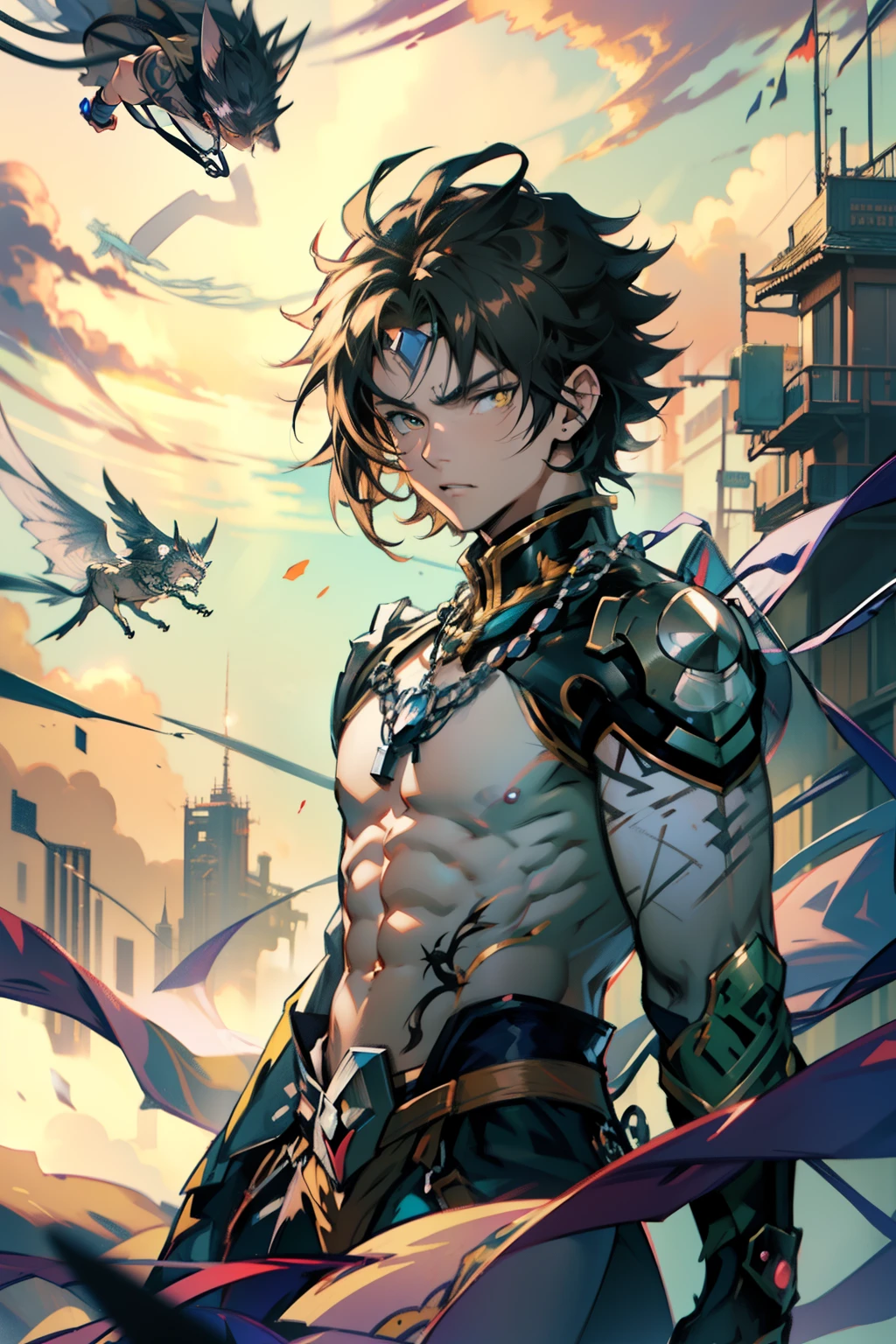 male people,((Masterpiece)), ((Best quality)), Ultra detailed,((illustration)), Dynamic Angle, Detailed light, (Delicate eyes), Floating, 1boy, Male focus, Head, Clothing, Yellow eyes, necklace, tattoo, (Forehead:0.8), (ahoge:0.8), jewelry, apathy,Ray, chest muscle, Sexy ,frontage,style of anime4 K, 4K anime wallpaper, Badass anime 8 K, 4 k comic wallpaper, young anime man, Anime boys, Anime wallpapers 4 k, Anime wallpaper 4K, High quality anime art style, Anime moe art style, Anime art wallpaper 8 K, Anime art wallpaper 4 K, RGB lighting