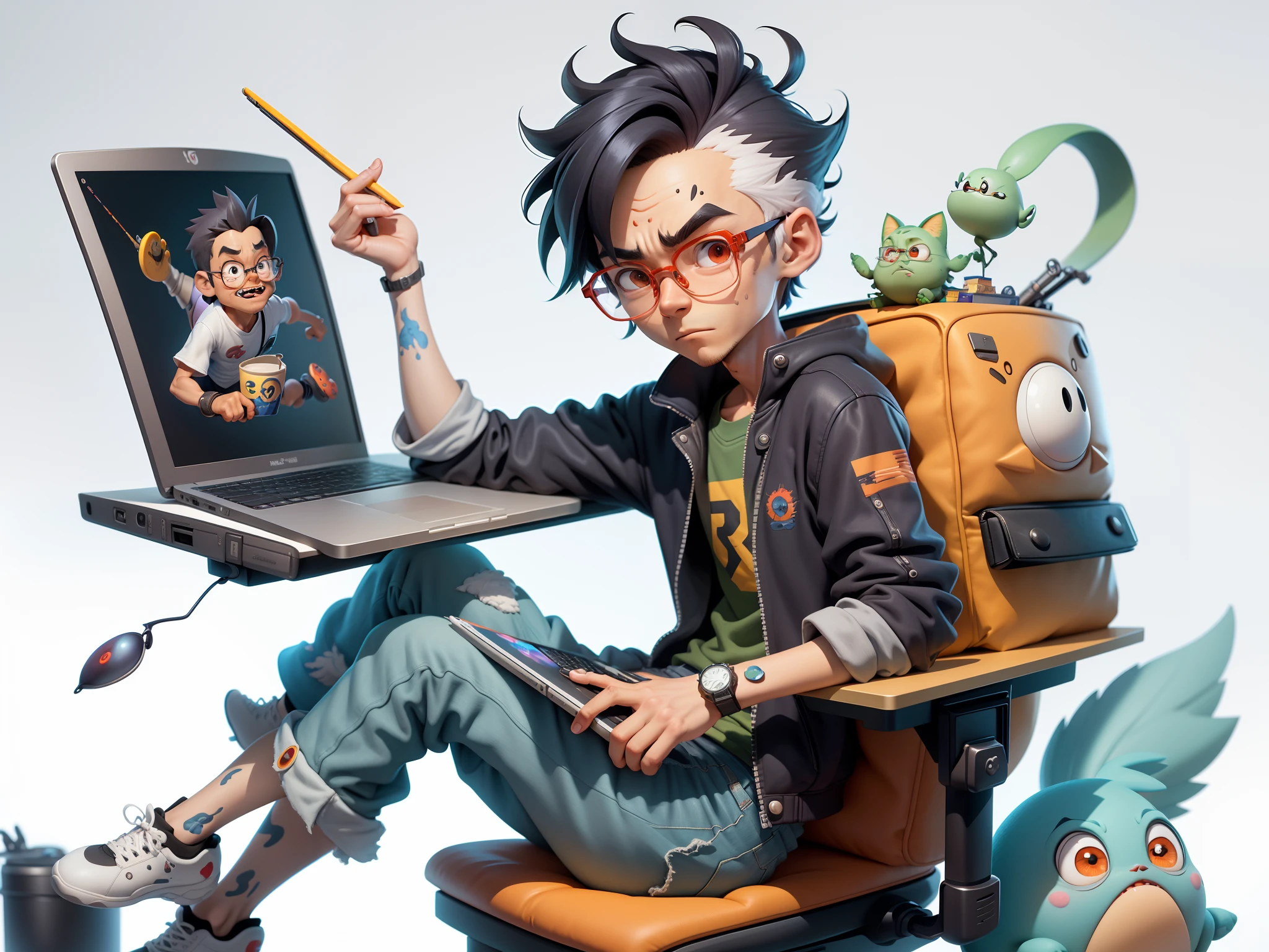 A young man with glasses sits at his desk,holding laptop,digitial painting,3D character design by Mark Clairen and Pixar and Hayao Miyazaki and Akira Toriyama,4K HD illustration,Very detailed facial features and cartoon-style visuals。