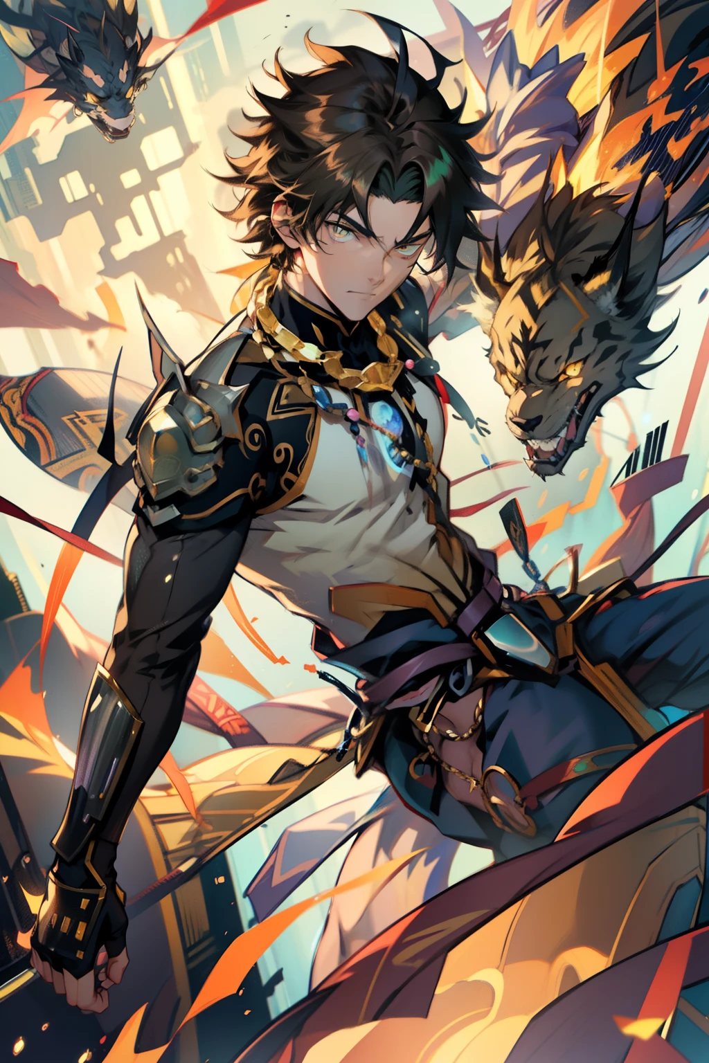 male people，((Masterpiece)), ((Best quality)), Ultra detailed,((illustration)), Dynamic Angle, Detailed light, (Delicate eyes), Floating, 1boy, Male focus, Head, Clothing, Yellow eyes, necklace, tattoo, (Forehead:0.8), (ahoge:0.8), jewelry, apathy，Ray， chest muscle， Sexy ,frontage，style of anime4 K， 4K anime wallpaper， Badass anime 8 K， 4 k comic wallpaper， young anime man， Anime boys， Anime wallpapers 4 k， Anime wallpaper 4K， High quality anime art style， Anime moe art style， Anime art wallpaper 8 K， Anime art wallpaper 4 K， RGB lighting