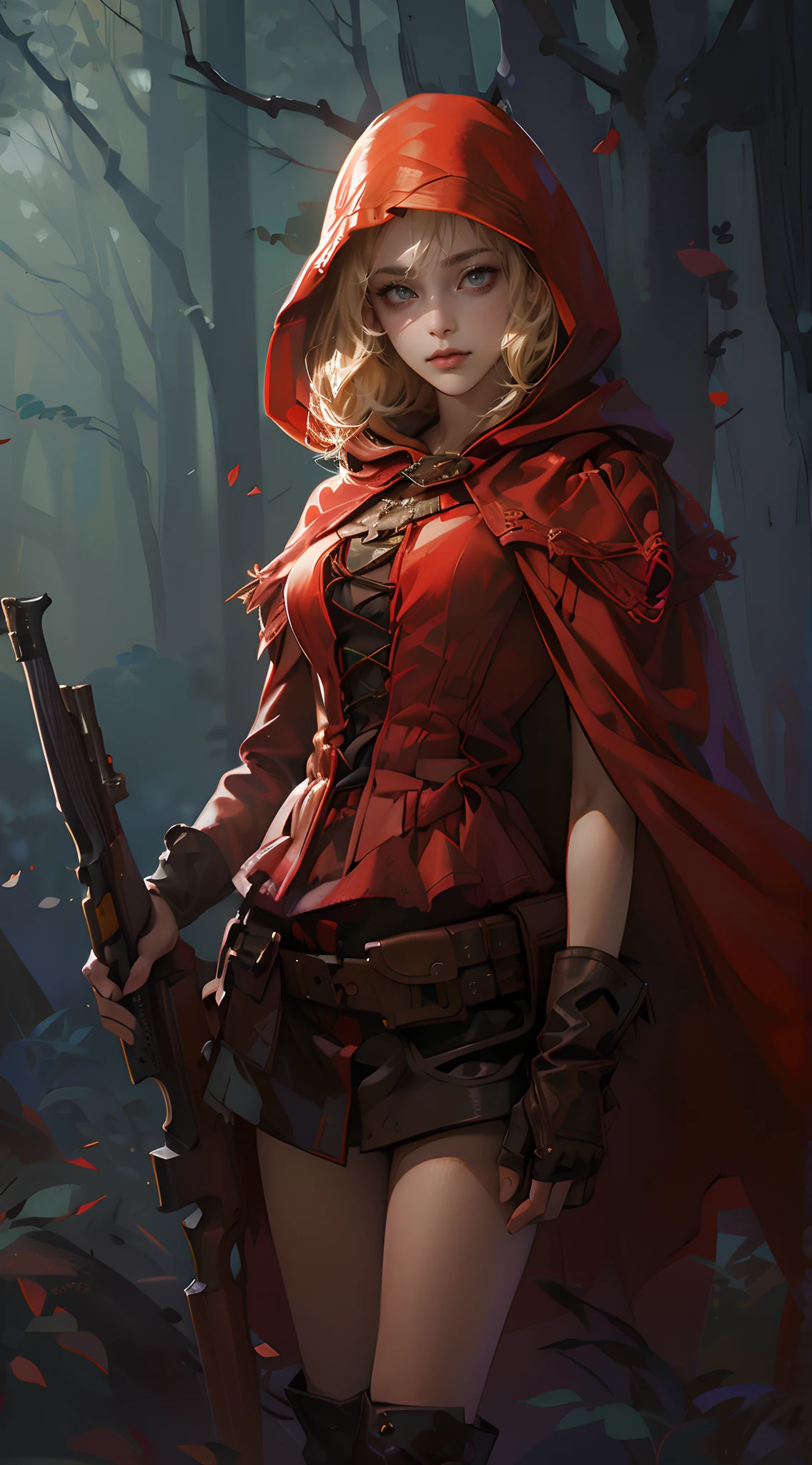 (tmasterpiece, high resolution，ultra - detailed:1.0)，1 rapariga，Young and beautiful women，eye looking to camera，Perfect female body, (Little Red Riding Hood theme:1.3), Extremely detailed CG，Unity 8k wallpaper，Complicated details, color difference,Depth of field,dramatic shadow,Ray tracing,Best quality,Cinematic lighting,Movie Angle,offcial art, solo person,Serious expressions， (red hooded cape，with short golden hair，Hunting clothing)，(carry a shotgun in hand:1.3)   exteriors，，forest，Dark night，half-body portrait