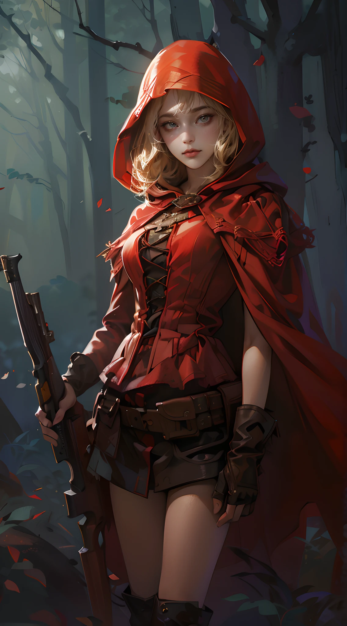 (tmasterpiece, high resolution，ultra - detailed:1.0)，1 rapariga，Young and beautiful women，eye looking to camera，Perfect female body, (Little Red Riding Hood theme:1.3), Extremely detailed CG，Unity 8k wallpaper，Complicated details, color difference,Depth of field,dramatic shadow,Ray tracing,Best quality,Cinematic lighting,Movie Angle,offcial art, solo person,Serious expressions， (red hooded cape，with short golden hair，Hunting clothing)，(carry a shotgun in hand:1.3)   exteriors，，forest，Dark night，half-body portrait