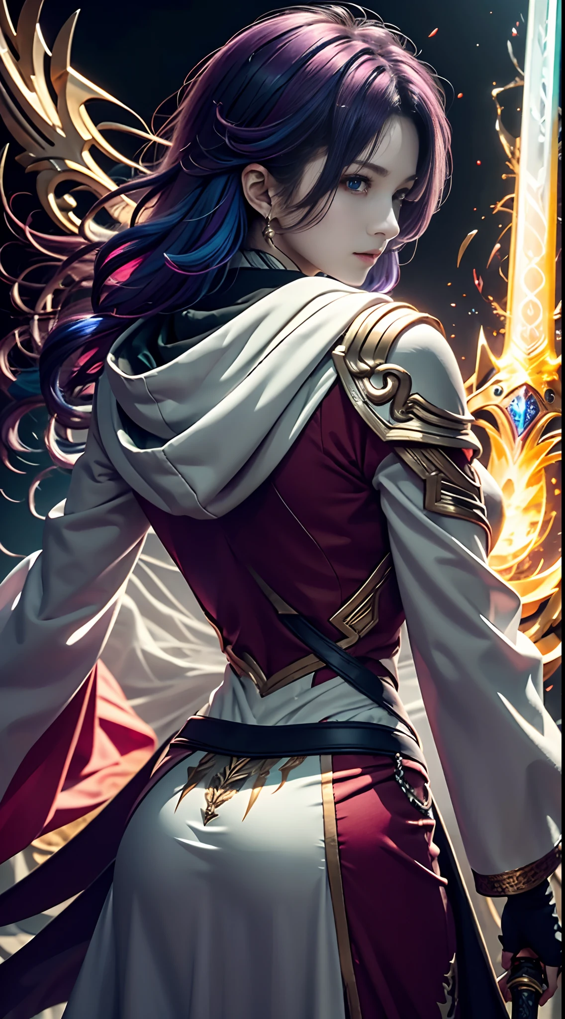 Purple colored hair，The white hooded cloak has capital letters of JL on it，Uma personagem feminina，Red and white elbow gloves，sideface，red color eyes，Shining sword in hand，Upper body photo，Back shooting，Beautiful 8k wallpaper