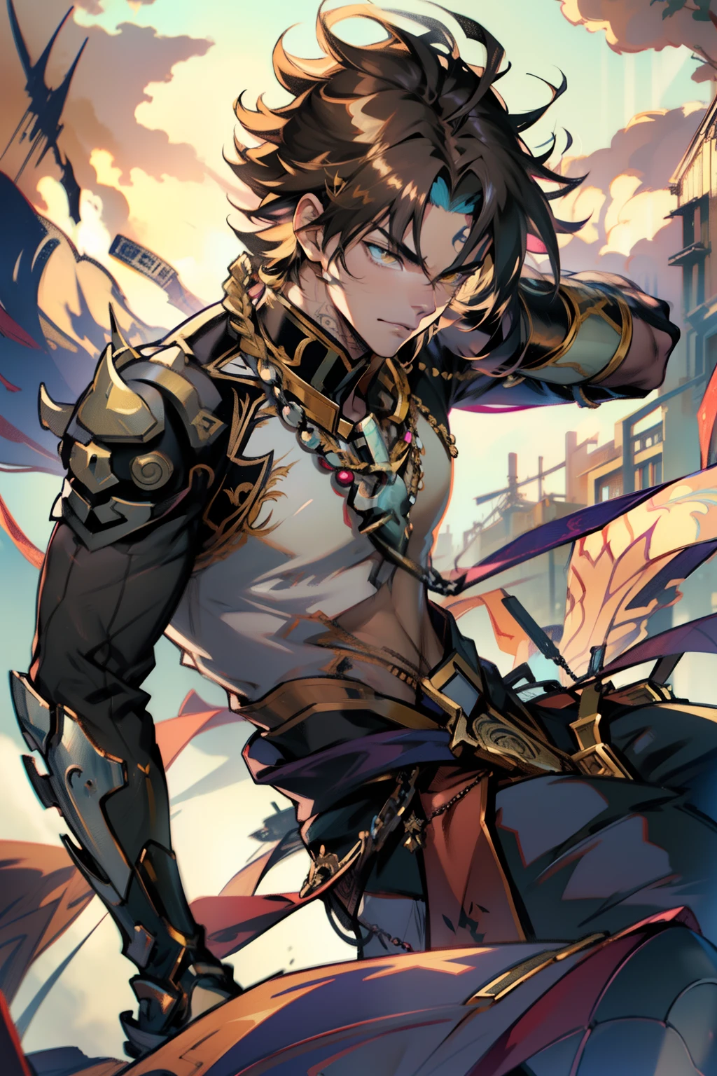male people,((Masterpiece)), ((Best quality)), Ultra detailed,((illustration)), Dynamic Angle, Detailed light, (Delicate eyes), Floating, 1boy, Male focus, Head, Clothing, Yellow eyes, necklace, tattoo, (Forehead:0.8), (ahoge:0.8), jewelry, apathy,Ray, chest muscle, Sexy ,frontage,style of anime4 K, 4K anime wallpaper, Badass anime 8 K, 4 k comic wallpaper, young anime man, Anime boys, Anime wallpapers 4 k, Anime wallpaper 4K, High quality anime art style, Anime moe art style, Anime art wallpaper 8 K, Anime art wallpaper 4 K, RGB lighting