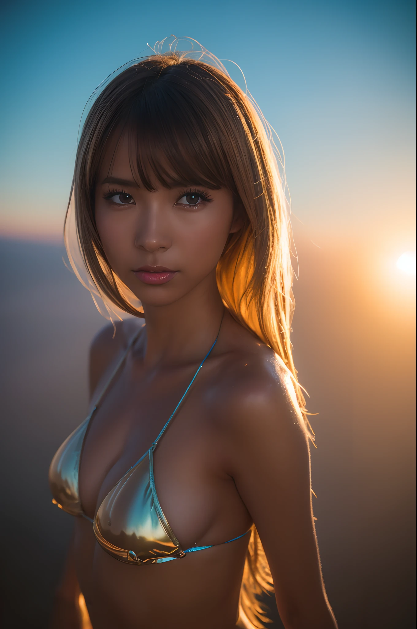 1gyaru, (shiny oiled skin:1.2), wearing bikini, tiny thong, Looking at Viewer, View from the top of a high mountain, dark night, colorful fog, Colorful Cloud, sony a7, Film grain, Cinematic lighting, Photorealistic, one-point perspective, 32K, diffuse reflection, colorful shiny particles, Lens Flare, sharp reflection light