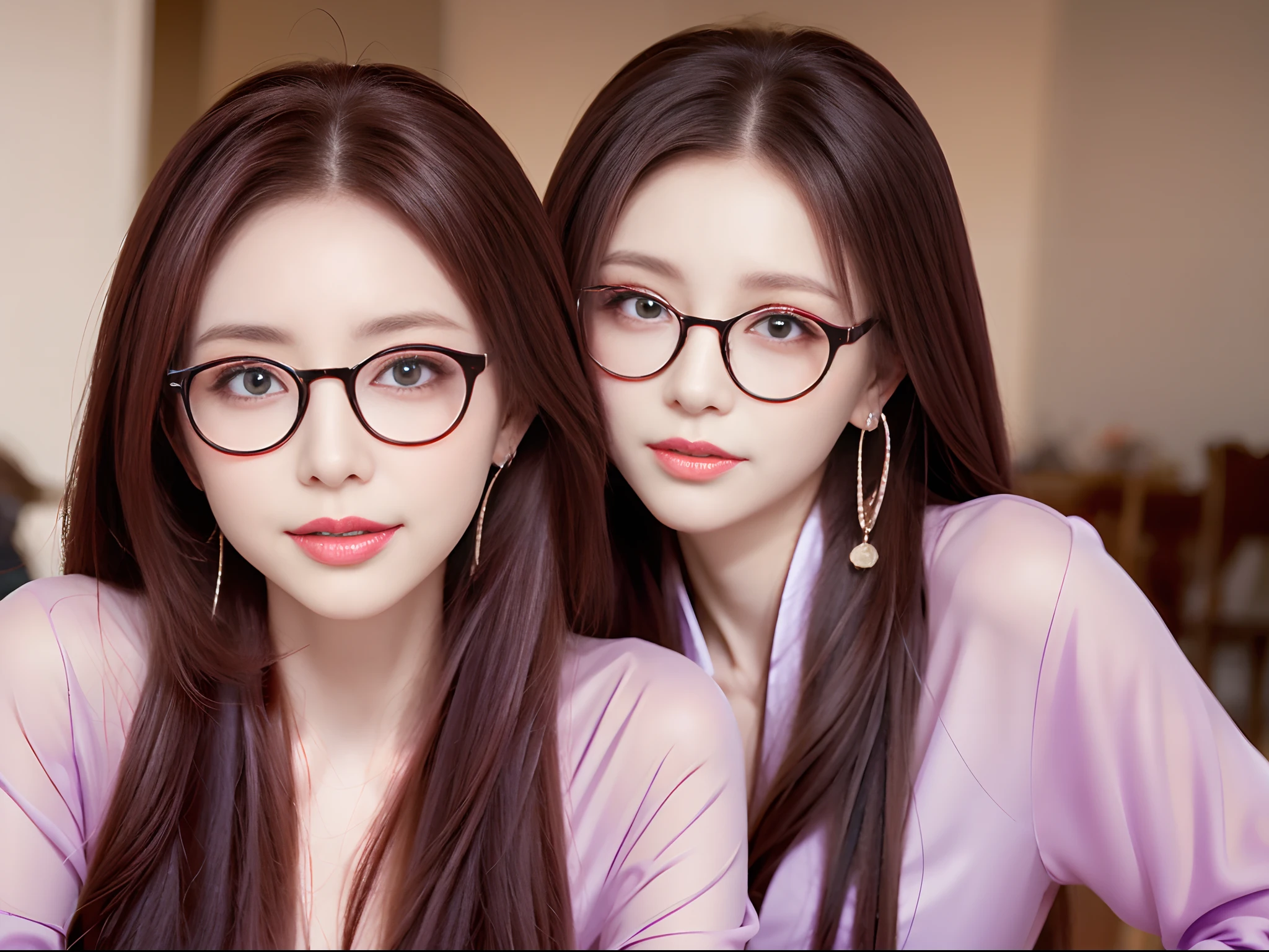 Girl with long purple hair，Eyes full of wisdom and charm，Wear large glasses frames，Bend over and spread it on the table，Show off your proud figure，