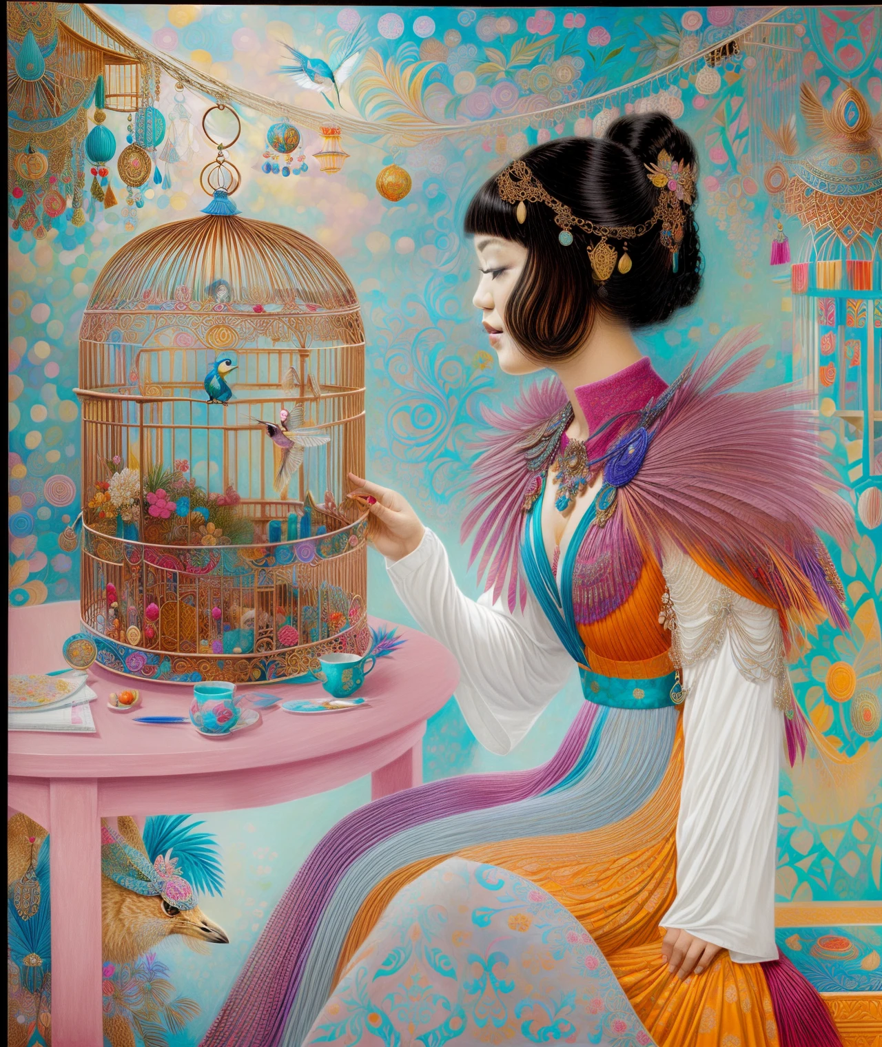 painting of a woman sitting in front of a bird cage, inspired by Naomi Okubo, by Naomi Okubo, inspired by Daniel Merriam, raqib shaw, by Barbara Nessim, inspired by james christensen, in gouache detailed paintings, intricate detailed painting, inspired by James C. Christensen, inspired by Toyohara Chikanobu, intricate colorful masterpiece