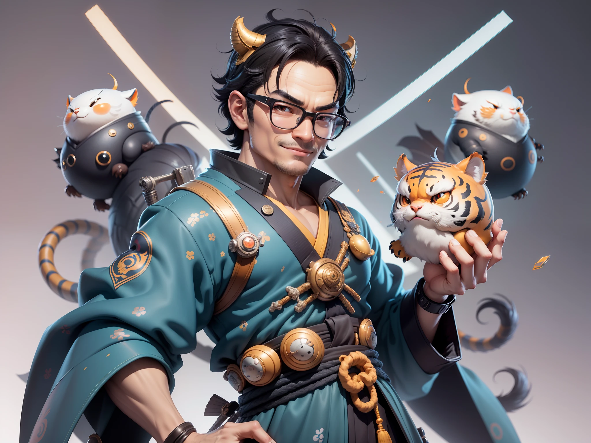 (Masterpiece), (Excellent), (Super Meticulous), (Full Body: 1.2), Super Young Man with Japanese Female Geisha, Pretty, Beautiful, Chinese Dragon, Tiger, Wind God Thor, Sexy, Bursting, Oriental Face, TV Anchor, Bust Portrait Illustration, Black Suit, Blue Tie, Slightly Chubby Face, Silver Glasses, Very Clean Face, No Beard on Chin, Black Super Short Hair, Black Eyes, Confident Smile, 3c Computer Sub-Products, iPad, iPhone, Digital Painting, 3D character design by Mark Clairedon and Pixar and Hayao Miyazaki and Akira Toriyama, the illustrations are HD illustrations in 4K resolution with highly detailed facial features and cartoon-style visuals.
