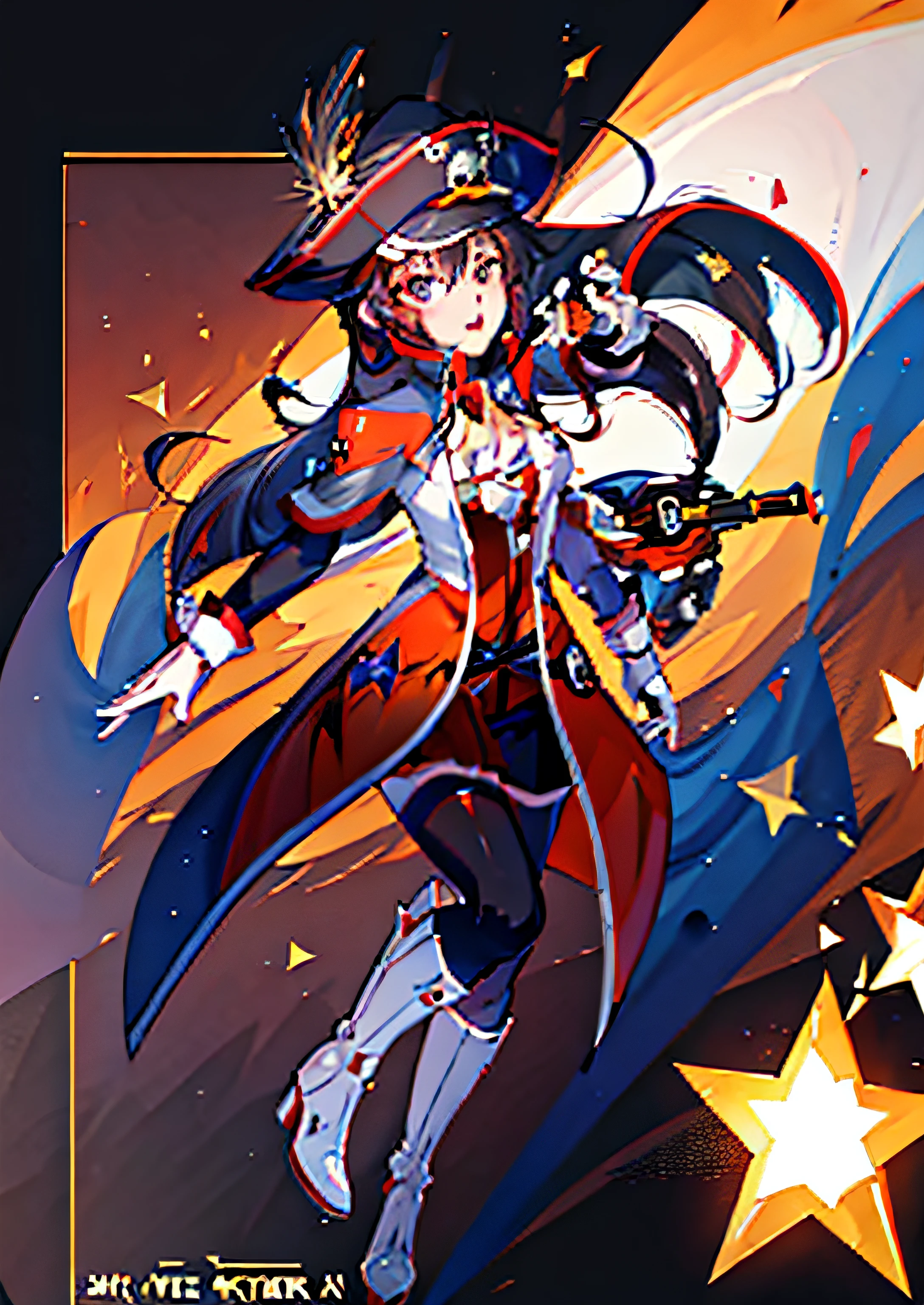 Wear pirate costumes,Anime characters with guns and hats, black-haired mage, azur lane style, A scene from the《azur lane》videogame, Ayaka Genshin impact, Marin Kitagawa fanart, Kantai collection style, 《azur lane》role, attractive matoi ryuko, Aromatic, official character art, Katana Zero video game character