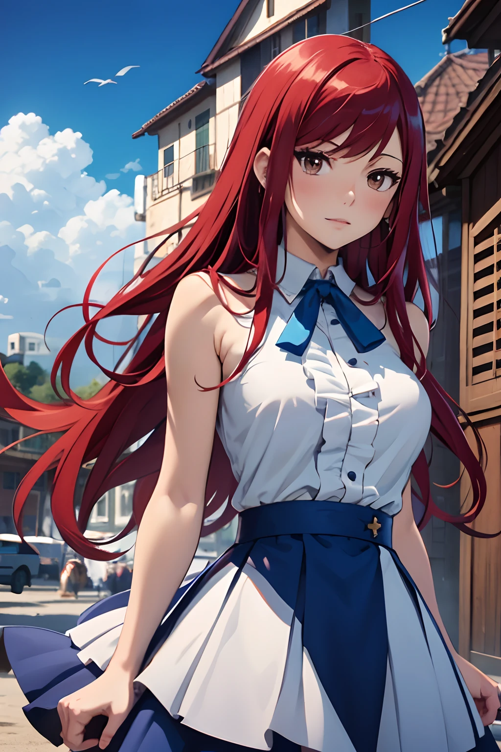 masterpiece, best quality, highres, fairy tail, 1girl, long hair, red hair, brown eyes, neck ribbon, bare shoulders, white shirt, sleeveless, center frills, blue skirt, cowboy shot, standing, outdoors