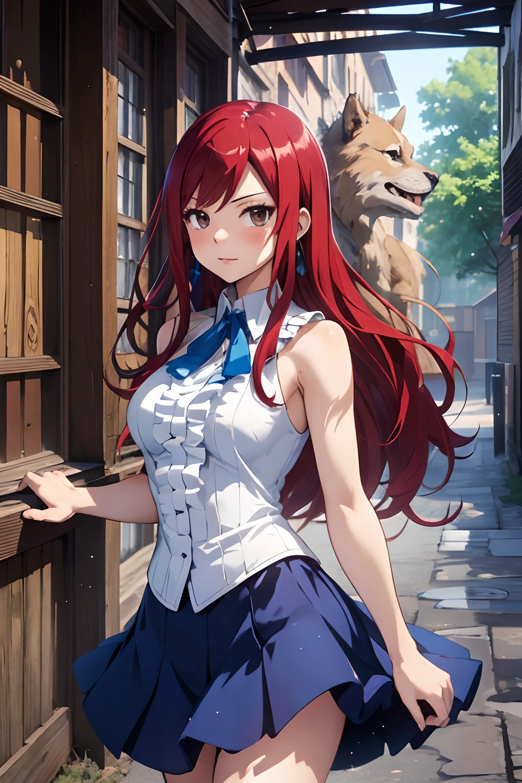 masterpiece, best quality, highres, fairy tail, 1girl, long hair, red hair, brown eyes, neck ribbon, bare shoulders, white shirt, sleeveless, center frills, blue skirt, cowboy shot, standing, outdoors