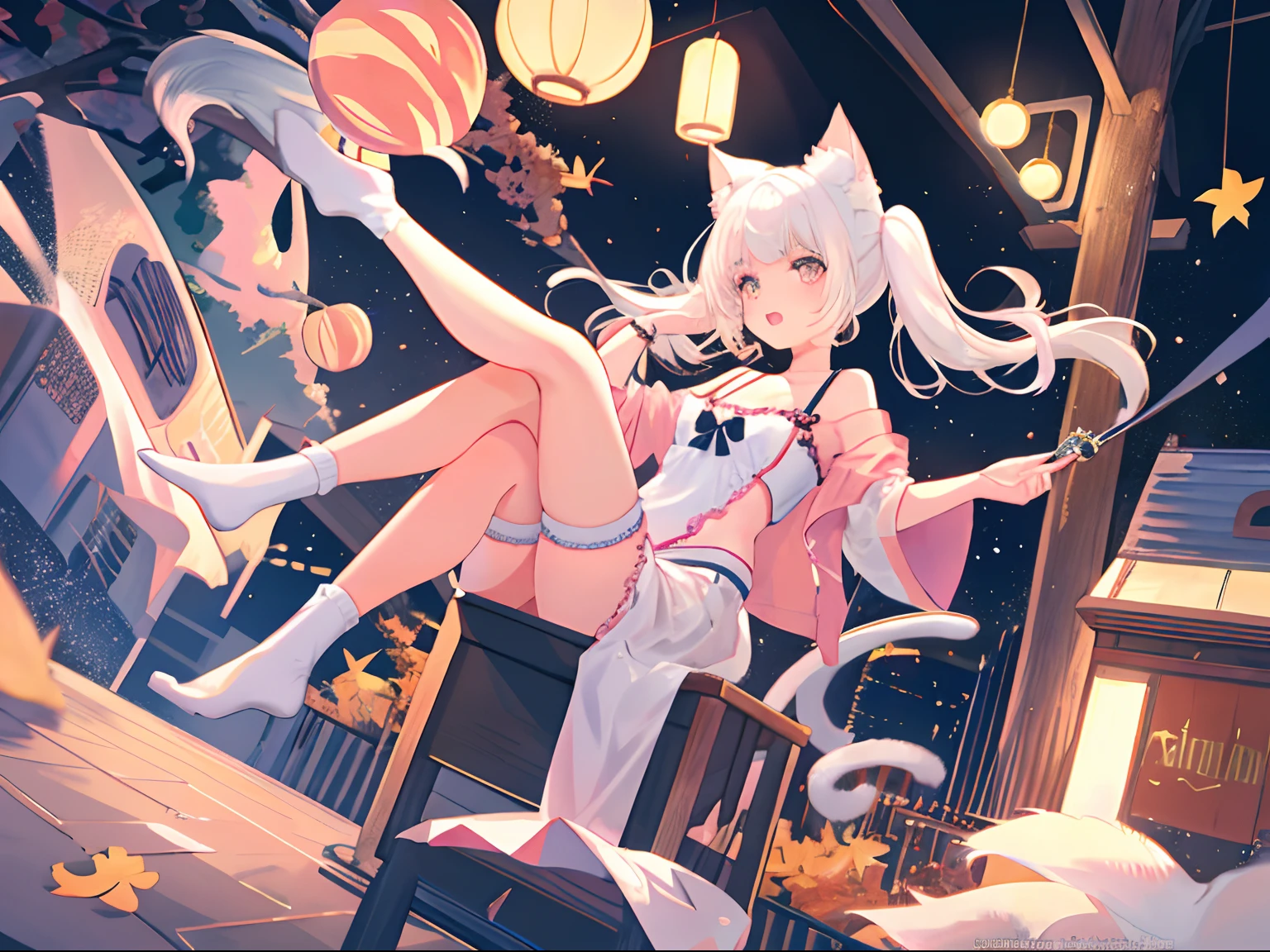 1girl, solo, white hair, (peach eyes: 1.8), masterpiece, best quality, looking at viewer, full body, adult, cat ears, cat tail, detailed, suprised expression, small breasts, loungewear, hd, pixiv, 4k, detailed, hyperdetailed, socks, comfortable, train, autumn, sitting at table, riding tain