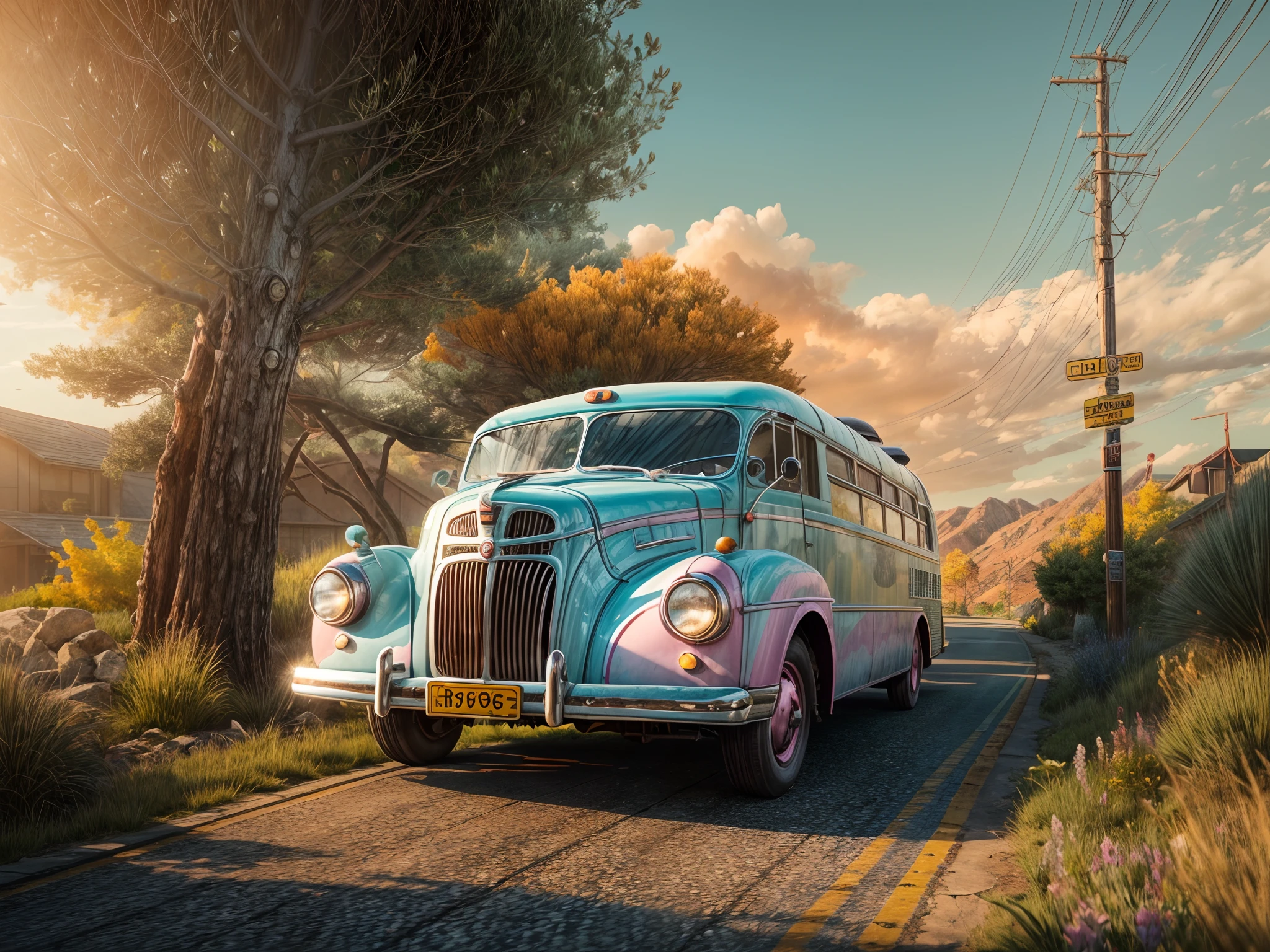 Hero view action shot, a well-loved vintage light blue bus, traveling west, sense of movement and journey, dented metal and enamel flank, soft pink orange sunset reflecting off windshield and chassis, [Specular reflection], sybols of hope and resilience, masterpiece, masterwork, meticulous, intimate, nuanced, highest quality, highest fidelity, highest resolution, highres, highest detail, hyper-detailed, detail enhancement, deeply detailed, uhd, hdr, fhd, 8k, 16k, 32k, 64k, caustics, subsurface scattering, High Dynamic Range, Dynamic Tone Mapping, [sub-pixel convolution], ghibli style