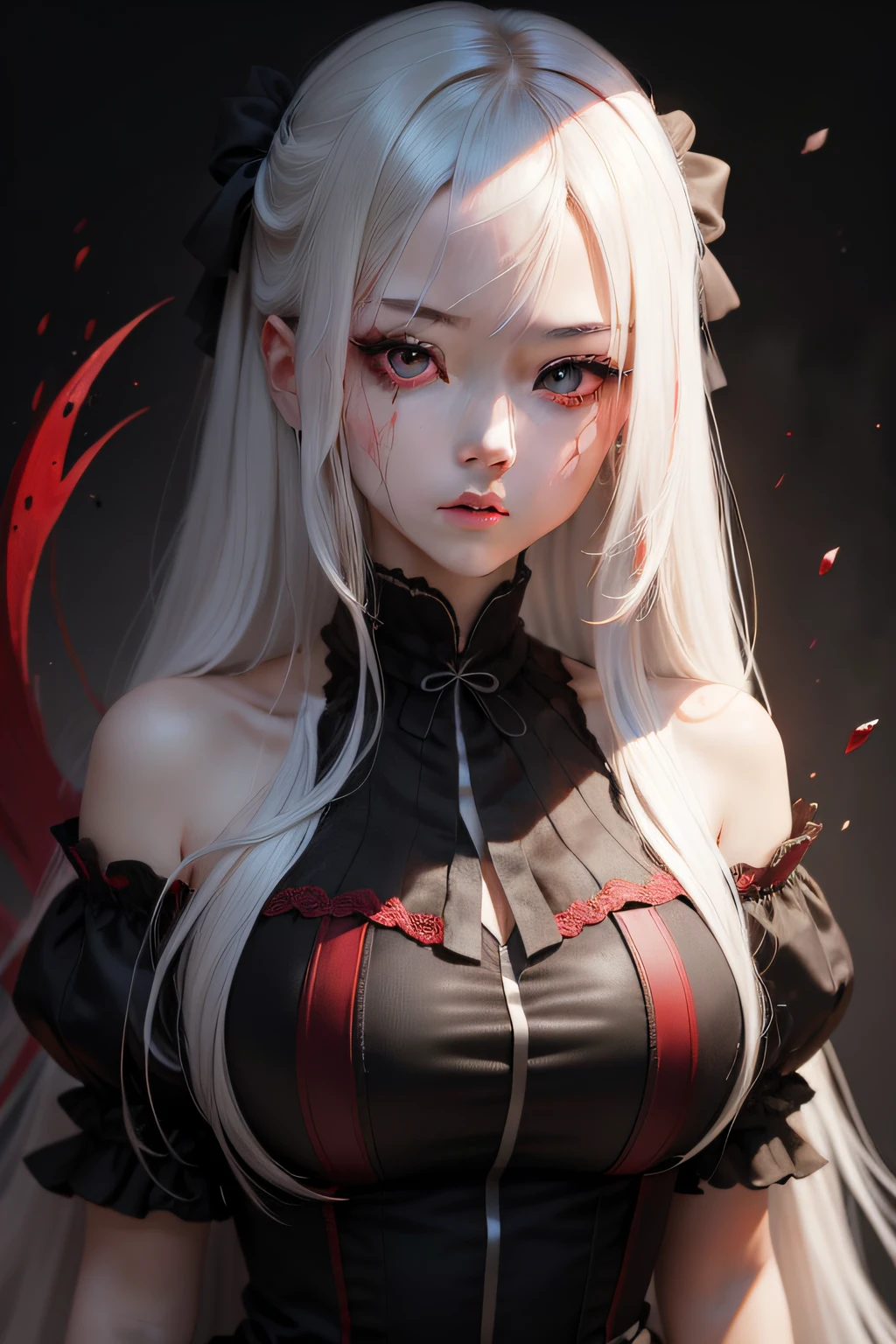 ((masterpiece,best quality)),美丽细致的眼睛,A detailed face,1girl,long white hair,red color eyes,looking at viewert,blood in face,(with black background:1.2),Bloody particles,Plump your body,