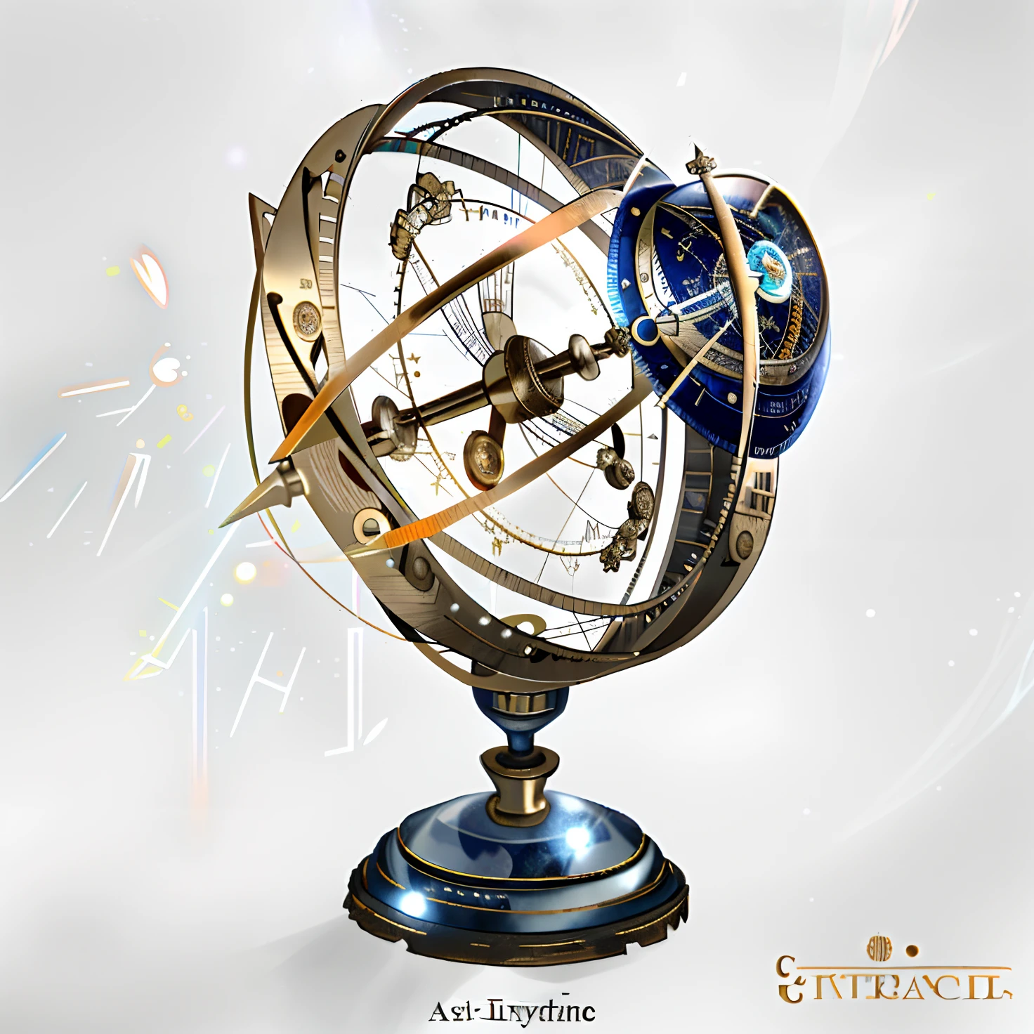 Close-up of a metal object with a clock, orrery, Astrolabe, Celestial regulators, gyroscope, Movie lighting,exquisitedetails