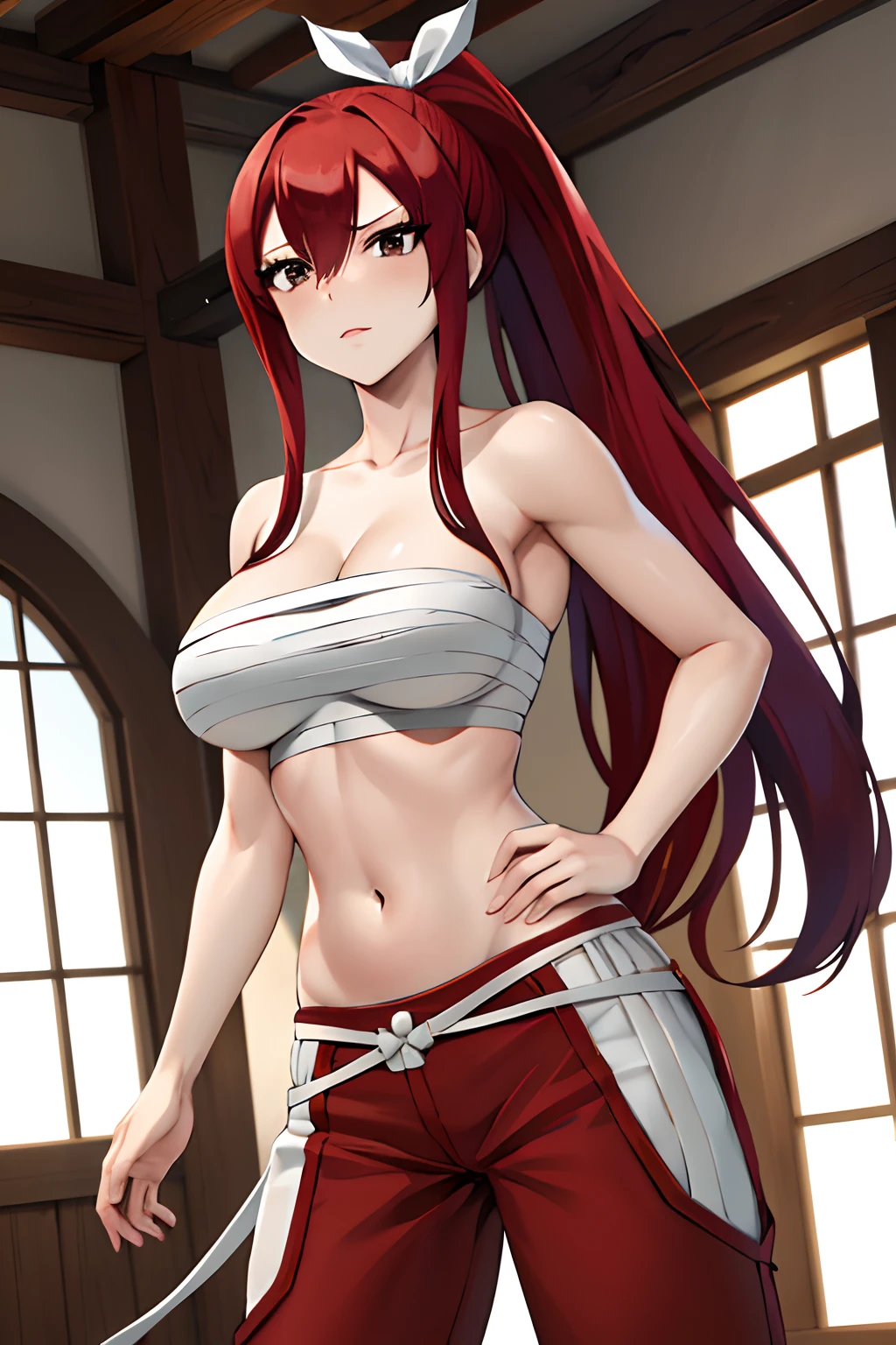 masterpiece, best quality, highres, fairy tail, 1girl, long hair, red hair, ponytail, white ribbon, hair over one eye, brown eyes, large breasts, collarbone, chest sarashi, bandage, bare arms, midriff, red hakama, red pants, cowboy shot, indoors, standing,