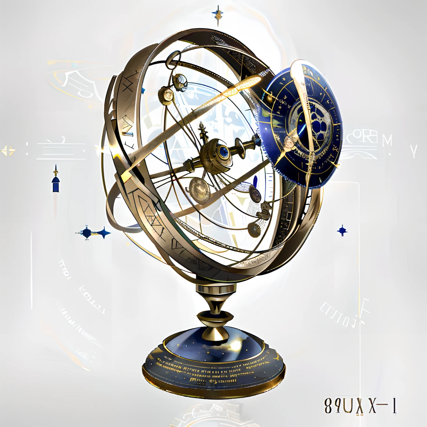 Close-up of a metal object with a clock, orrery, Astrolabe, Celestial regulators, gyroscope, Movie lighting，exquisitedetails