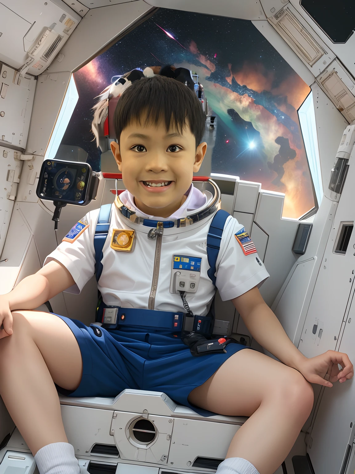 The Arafaid boy sits in a space warship., Wearing an astronaut uniform, Wearing an astronaut uniform, Shot with the best DLSR camera, taken with sony alpha 9, kid, ((In distant space..)), ren heng, Wear the captain's uniform.., , Shot on iPhone 14,
