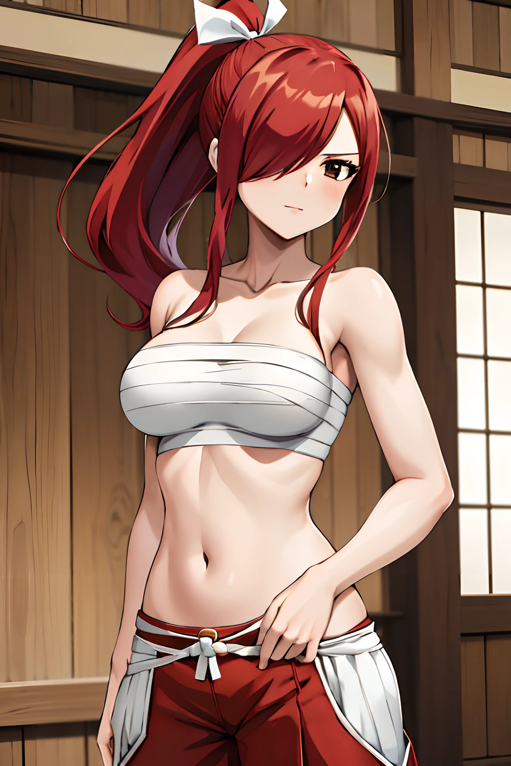 masterpiece, best quality, highres, fairy tail, 1girl, long hair, red hair, ponytail, white ribbon, hair over one eye, brown eyes, large breasts, collarbone, chest sarashi, bandage, bare arms, midriff, red hakama, red pants, cowboy shot, indoors, standing,