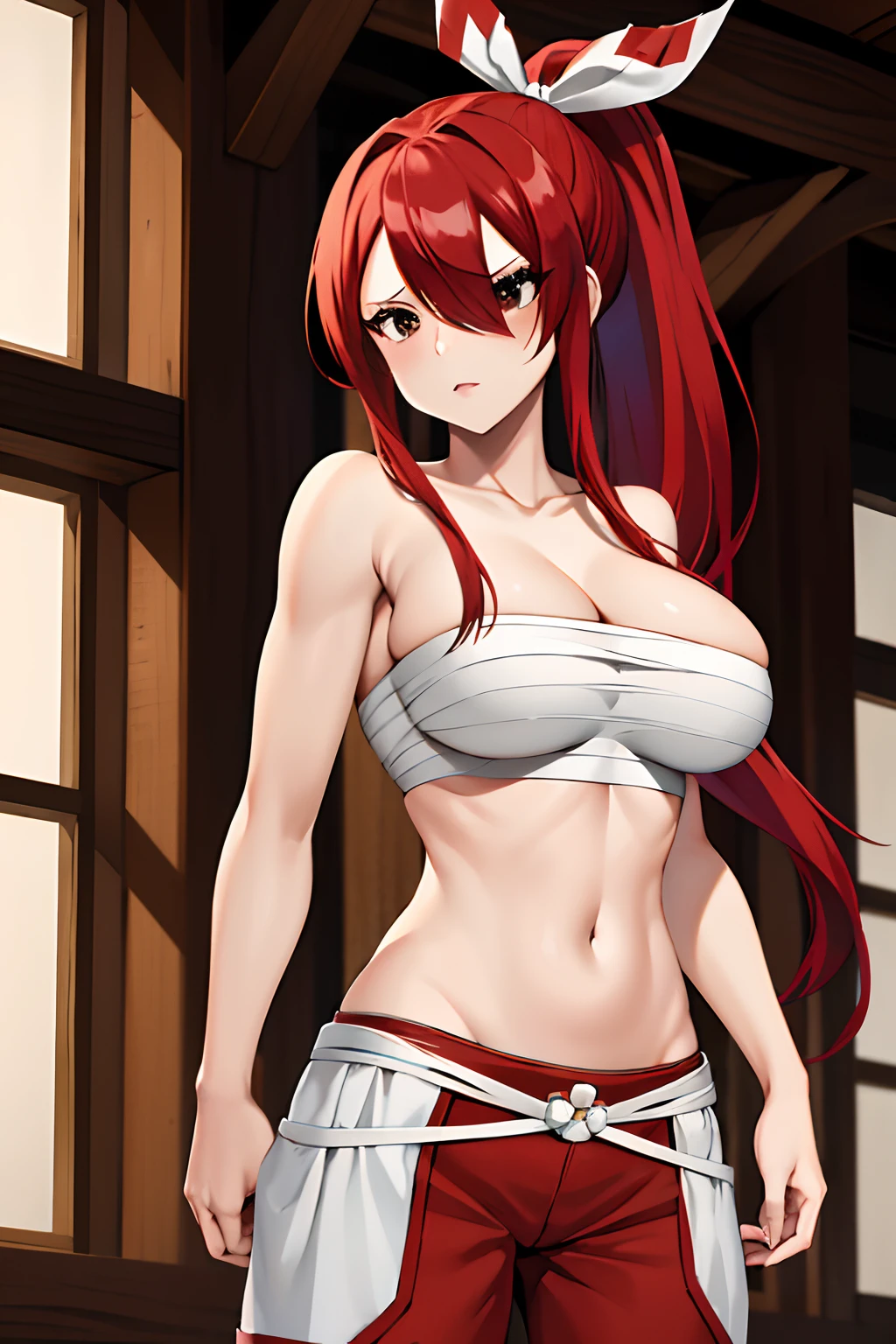 masterpiece, best quality, highres, fairy tail, 1girl, long hair, red hair, ponytail, white ribbon, hair over one eye, brown eyes, large breasts, collarbone, chest sarashi, bandage, bare arms, midriff, red hakama, red pants, cowboy shot, indoors, standing,