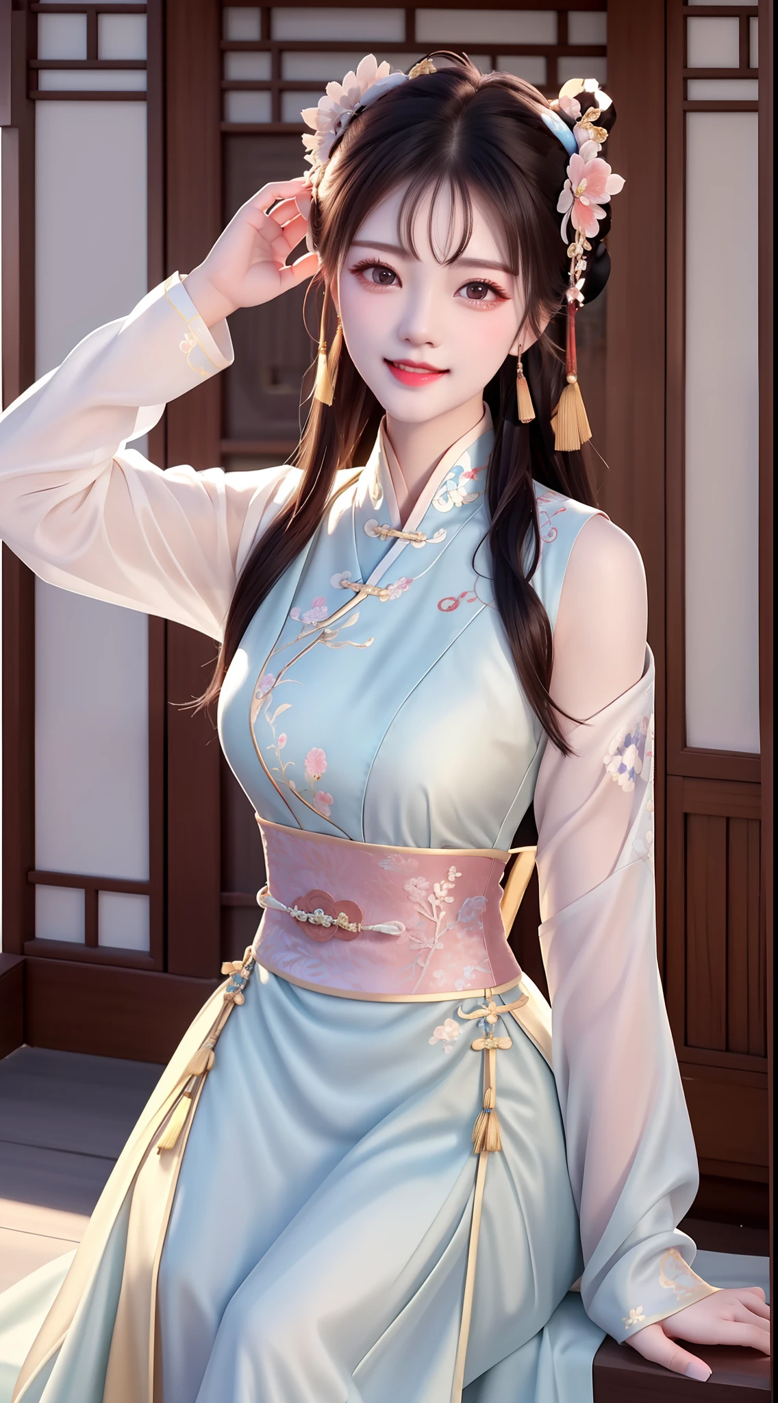Need,tmasterpiece,A high resolution,1girll,Blushlush,(Seductive smile:0.8),starpupil,Chinese shoulder suction red Hanfu,hair adornments,choker necklace,trinkets,beautfully face,On_Body,Tindal effect,Lifelike,Shadow room,Light edges,Two-tone lighting,(highdetailskin:1.2),8K, Ultra HD,Slr,softlighting,high high quality,Volumetriclighting,Candid camera,photore,A high resolution,4K,8K,Antique bust photo in the background: A girl about 22 years old,Perfectcomposition,Precise and perfect human anatomy,Golden ratio creation,Surreal and realistic。Detailed skin details,White skin of the,shiny skin,Creamy glowing skin,Skin that is white and red。Exquisite depiction of facial features,Perfect makeup,Detailed depiction of the face,Clean and flawless face。A sweet smile,Smile without showing your teeth。Extremely detailed depiction of hair,Long black hair,Hair coiled,tying hair,High bun,The wind blew away the hair。Eyebrows upturned,long eyelasher,二重まぶた。Affectionate eyes,Big bright eyes,Sweet with lying silkworms。High nose bridge。Thin lips,Pink lip gloss,Straight teeth。Delicate collarbones。Delicate pendant,Ear ring。Perfect tall figure,Get it all together,Long legs and thin waist,Skinny beauty,Can't be too thin。Straight chest,medium boob。Keep your head up and your chest up,Look ahead,Face the lens,Stand。Ancient architectural background(((Chinese style new Chinese ink danqing embroidered dress)),half-body photo