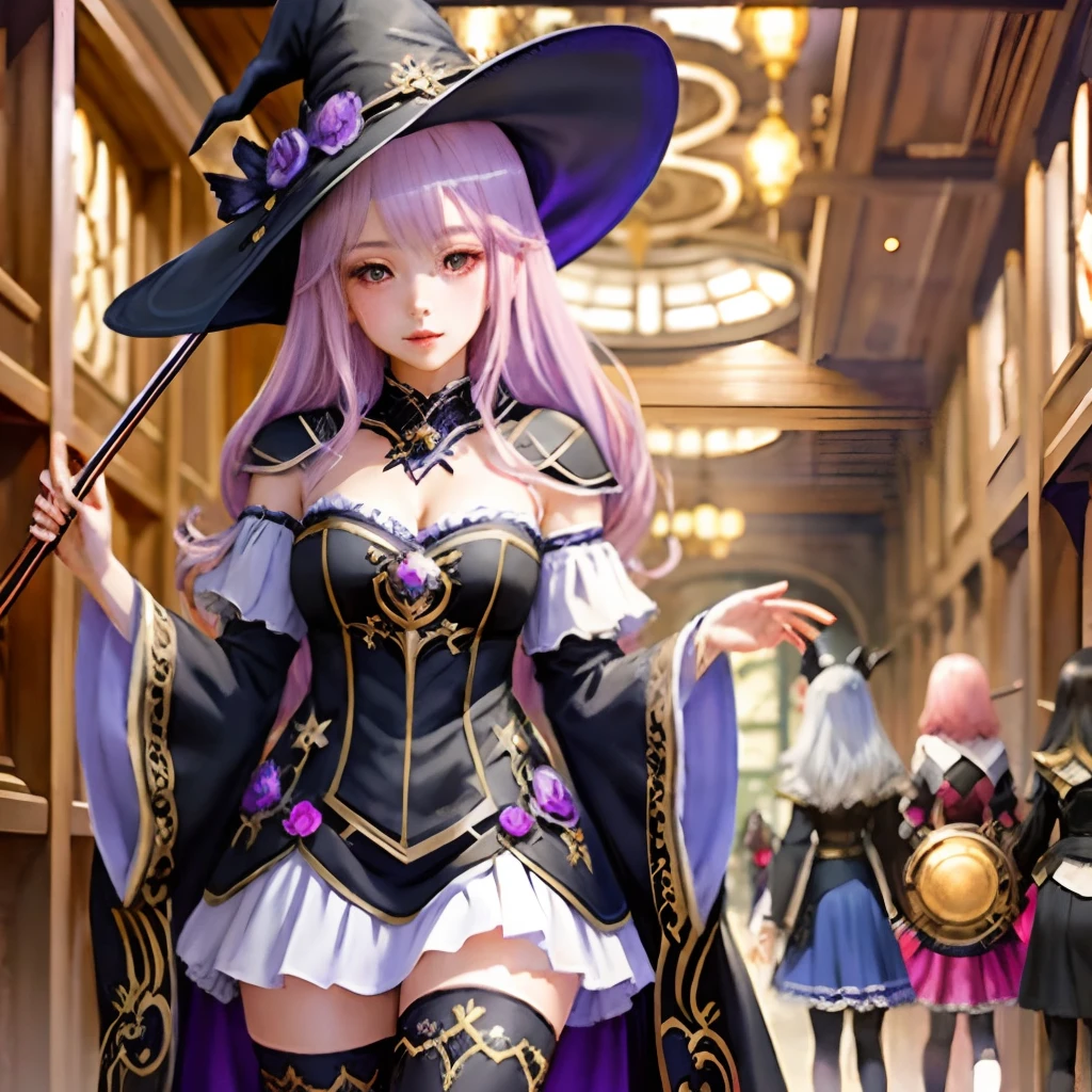 Anime girl in witch costume standing in hall with other girls，flirty anime witch casting magic，high detailed official artwork，portrait of magical girl，pretty sorceress，Guweiz in Pixiv ArtStation，zerochan art，2.5D CGI anime fantasy artwork，