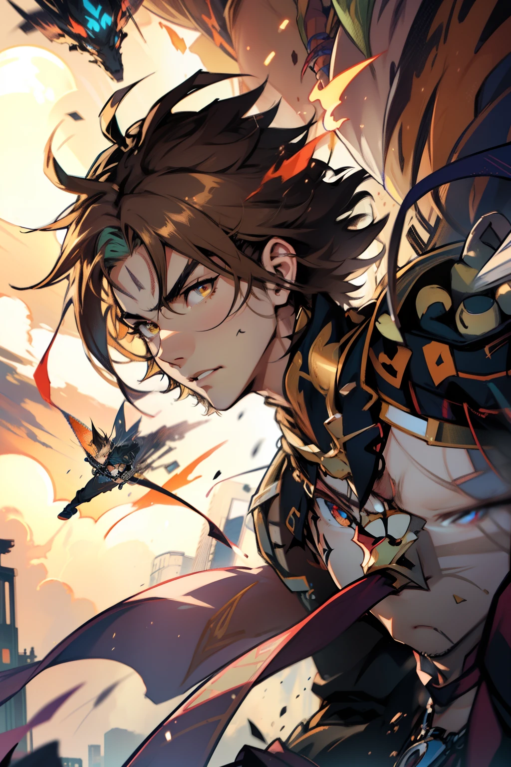 male people,((Masterpiece)), ((Best quality)), Ultra detailed,((illustration)), Dynamic Angle, Detailed light, (Delicate eyes), Floating, 1boy, Male focus, Head, Clothing, Yellow eyes, necklace, tattoo, (Forehead:0.8), (ahoge:0.8), jewelry, apathy,Ray, chest muscle, Sexy ,frontage,style of anime4 K, 4K anime wallpaper, Badass anime 8 K, 4 k comic wallpaper, young anime man, Anime boys, Anime wallpapers 4 k, Anime wallpaper 4K, High quality anime art style, Anime moe art style, Anime art wallpaper 8 K, Anime art wallpaper 4 K, RGB lighting