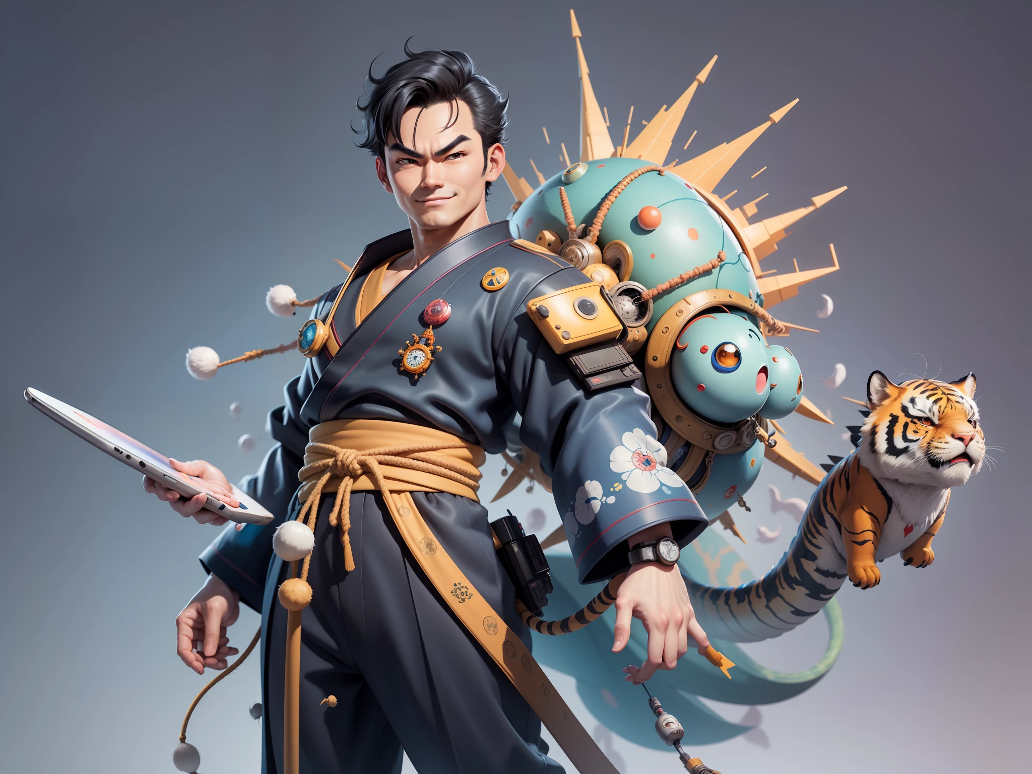 (Masterpiece), (Excellent), (Super Meticulous), (Full Body: 1.2), Super Young Man, Oriental Face, Japanese Kimono, Japanese Wind Thunder God, Dragon, Tiger, TV Anchor, Bust Portrait Illustration, Alone, Black Suit, Blue Tie, Slightly Chubby Face, Very Clean Face, No Beard, Black Super Short Hair, Black Eyes, Confident Smile, 3c Computer Sub-Products, iPad, iPhone, Digital Painting, 3D Character Design by Akira Toriyama and Mark Claireden and Pixar and Hayao Miyazaki, The illustration is a high-definition illustration in 4K resolution with very detailed facial features and cartoon-style visuals.