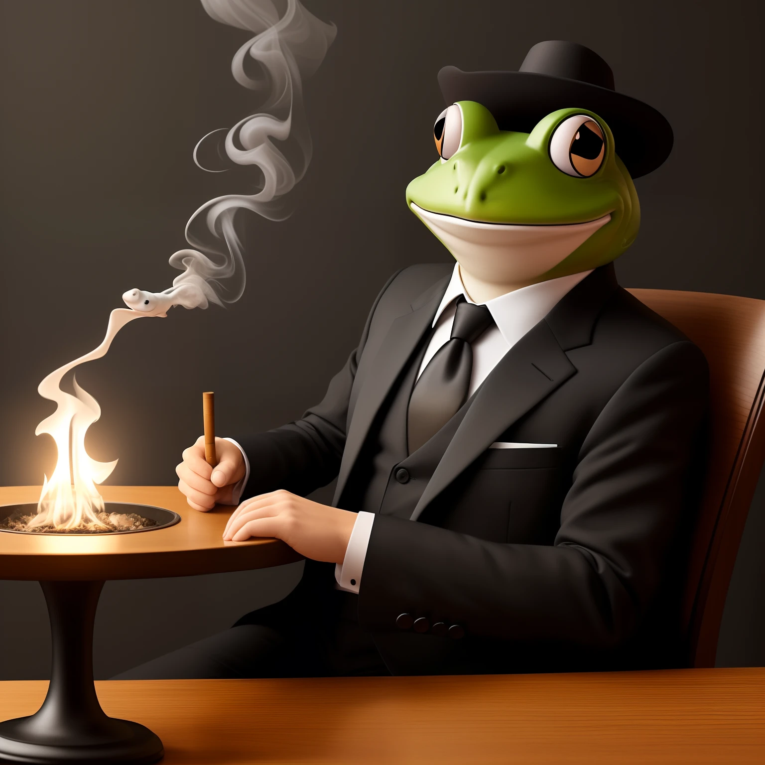 anthropomorphic frog dressed in a black suit sitting at a table smoking
