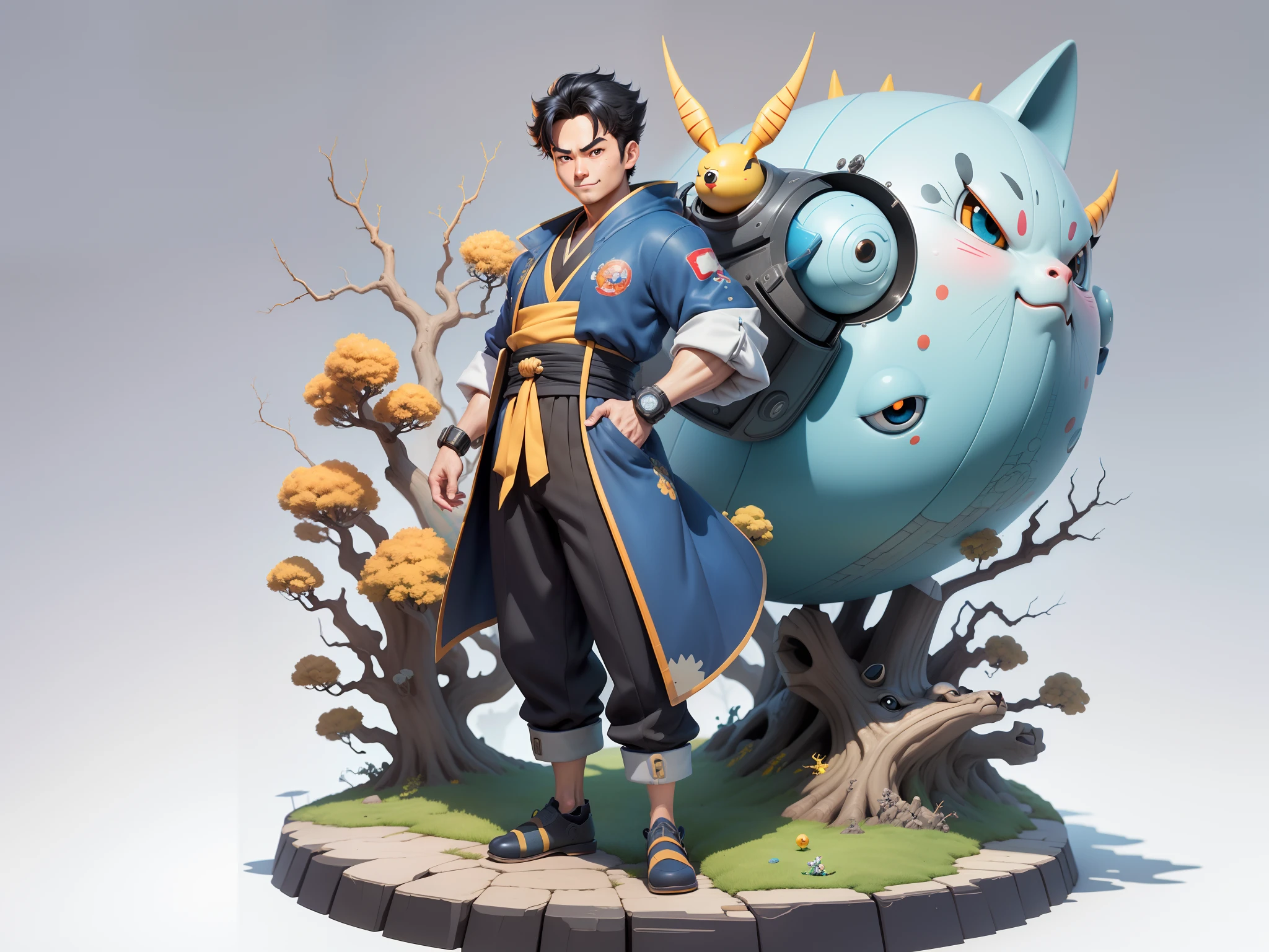 (Masterpiece), (Excellent), (Super Meticulous), (Full Body: 1.2), Super Young Man, Oriental Face, Japanese Kimono, Japanese Wind Thunder God, Dragon, Tiger, TV Anchor, Bust Portrait Illustration, Alone, Black Suit, Blue Tie, Slightly Chubby Face, Very Clean Face, No Beard, Black Super Short Hair, Black Eyes, Confident Smile, 3c Computer Sub-Products, iPad, iPhone, Digital Painting, 3D Character Design by Akira Toriyama and Mark Claireden and Pixar and Hayao Miyazaki, The illustration is a high-definition illustration in 4K resolution with very detailed facial features and cartoon-style visuals.