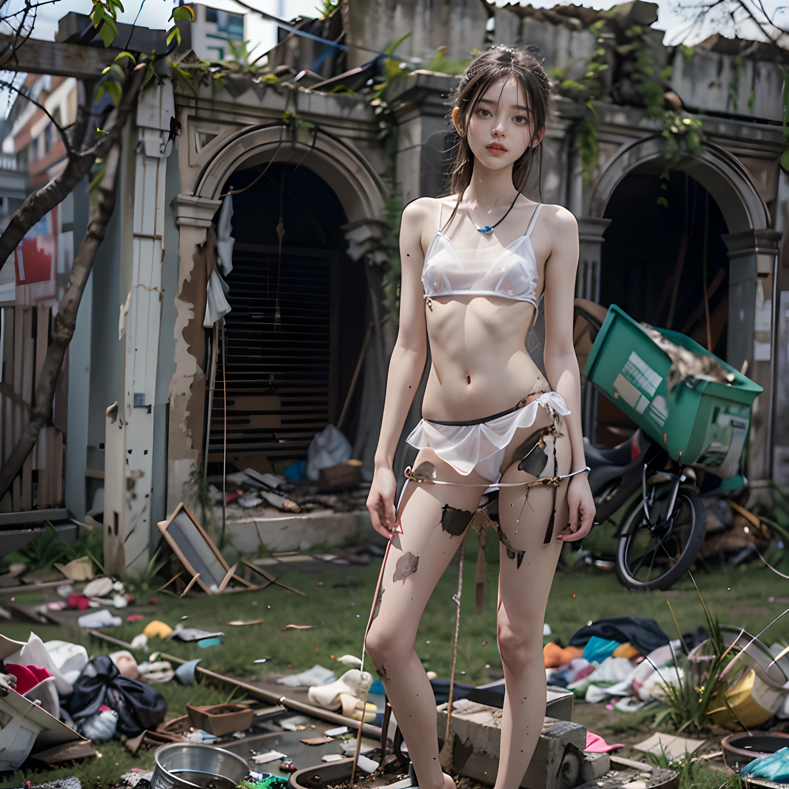 abandoned ruins,Garbage all over the ground,best qualtiy,full-body portraits(1:1),Random white transparent small underwear and panties,18 years old girls,Slender and slender figure,Skinny,As thin as a whipping post,Smaller bust,The barefoot,Random nudity,face to the viewer
