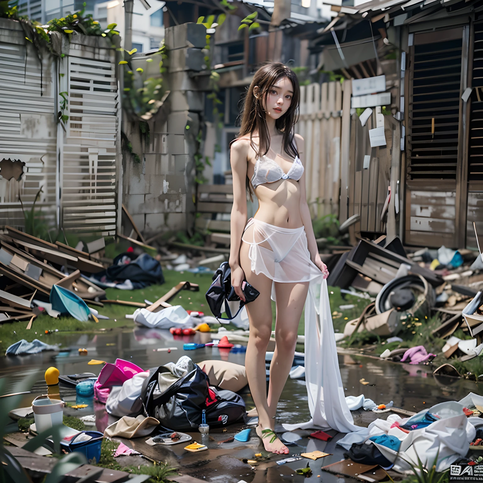 abandoned ruins，Garbage all over the ground，best qualtiy，full-body portraits（1：1），Random white transparent small underwear and panties，18 years old girls，Slender and slender figure，Skinny，As thin as a whipping post，Smaller bust，The barefoot，Random nudity，face to the viewer