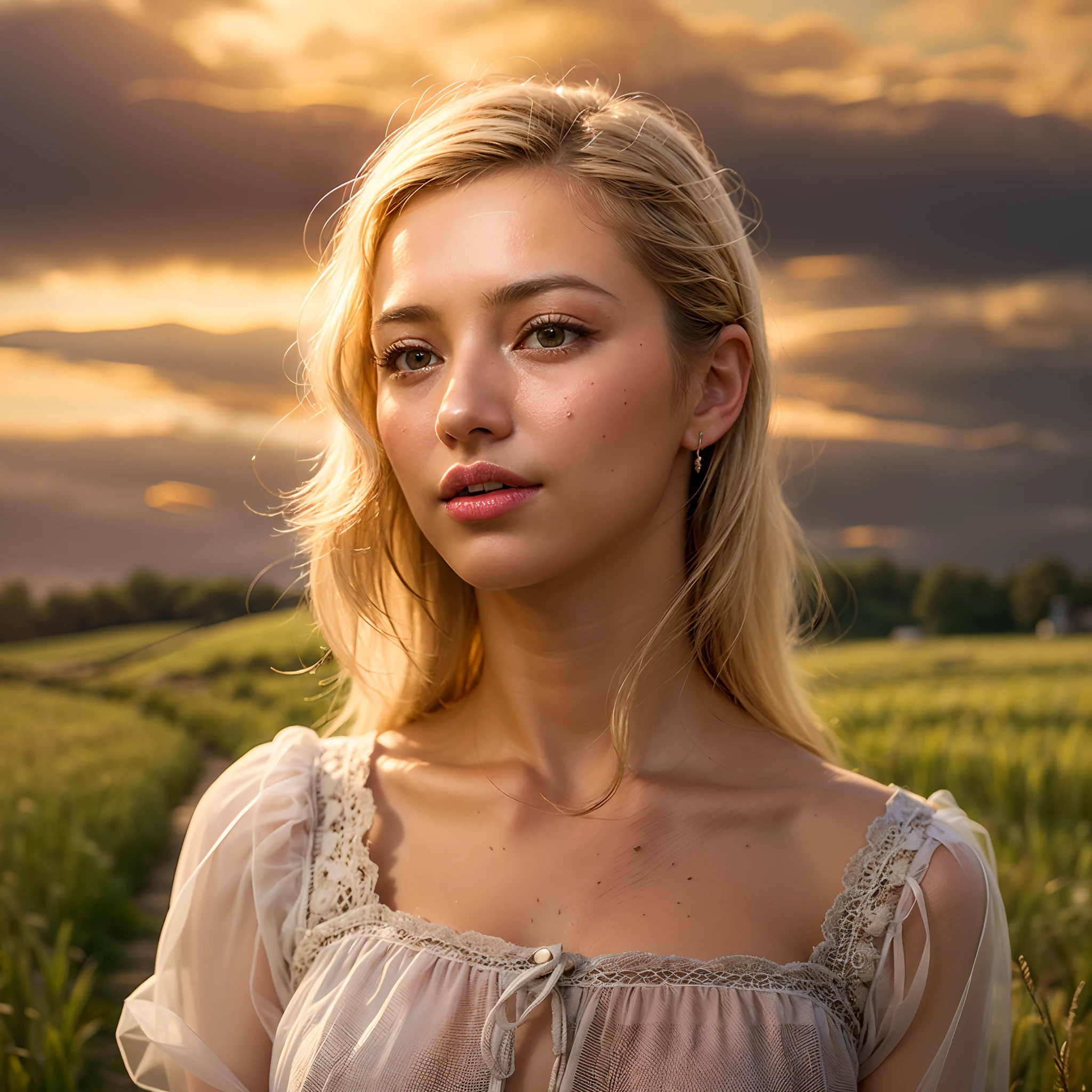 (realistic:1.3), finely detailed, quality, rembrandt lighting, (masterpiece:1.2), (photorealistic:1.2), (best quality), (detailed skin:1.3), (intricate details), dramatic, ray tracing, 1girl, american white girl, blonde hair, 21 years old, medium breasts, (Meadow, Sun, Clouds, Field, Farming, Starlight, Walking trail)