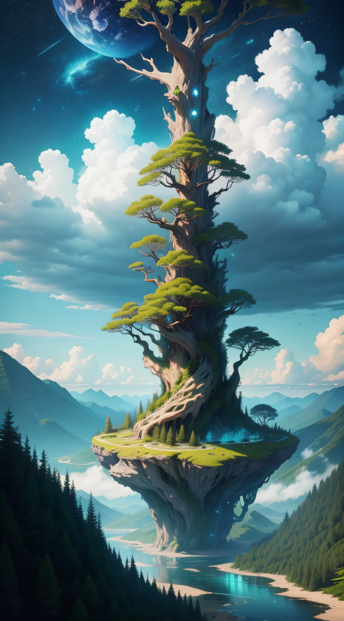 A surreal one、Indisputable to the world、Illustration of a sky scene,Including a crystal giant tree、Detailed and magical lighting、Intricate forest details、and the surrounding rivers and vegetation,Present a solar-punk landscape。There is a giant tree in the picture,Beautiful green leaves and lights create a realistic sense of proportion,It was as if the scene was as beautiful as a movie,The picture quality is 8K,Extremely high quality,It is a masterpiece of art。Additionally,The picture also shows clouds and stars in the sky。