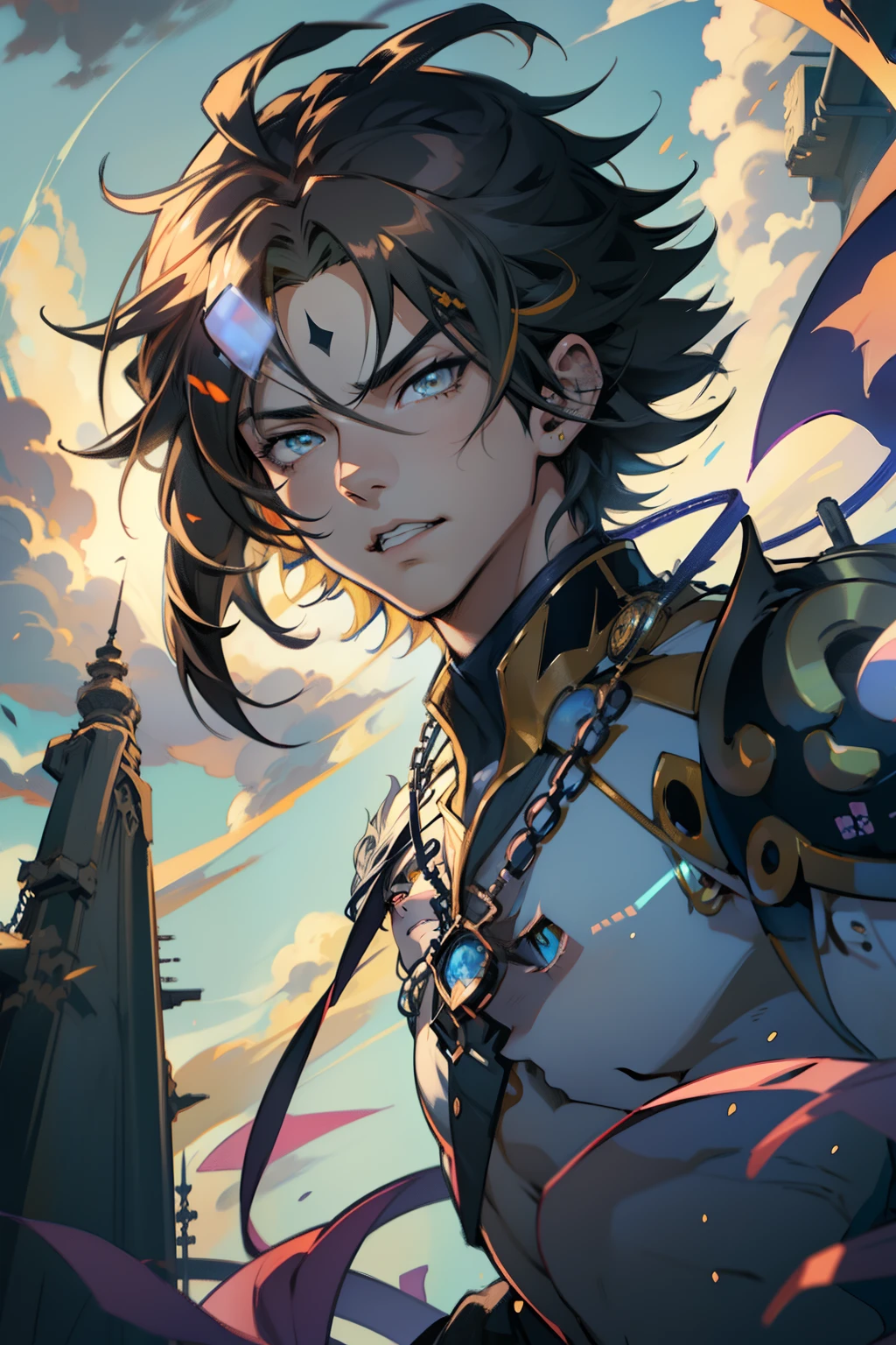 male people，((Masterpiece)), ((Best quality)), Ultra detailed,((illustration)), Dynamic Angle, Detailed light, (Delicate eyes), Floating, 1boy, Male focus, Head, Clothing, Yellow eyes, necklace, tattoo, (Forehead:0.8), (ahoge:0.8), jewelry, apathy，Ray， chest muscle， Sexy ,frontage，style of anime4 K， 4K anime wallpaper， Badass anime 8 K， 4 k comic wallpaper， young anime man， Anime boys， Anime wallpapers 4 k， Anime wallpaper 4K， High quality anime art style， Anime moe art style， Anime art wallpaper 8 K， Anime art wallpaper 4 K， RGB lighting