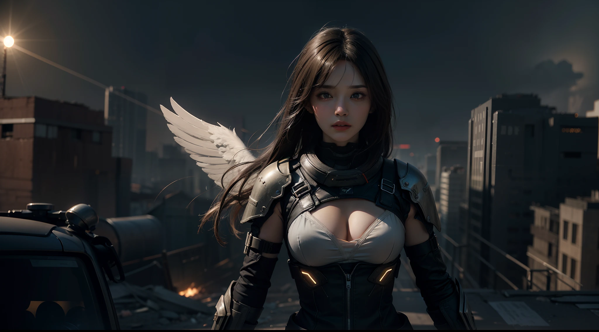（（best qualtiy））， （（tmasterpiece））， （（Realistis））， （A detailed）， （realisticlying：1.5），illusory engine， (High detail: 1.9)，（femele：1.4），（big breasts beautiful： 1.4),(carismatic:1.3)， （Large breasts）， Female angel， Black wings，beuaty girl，beauitful face， looking at viewert， dynamicposes， postapocalyptic， Destroyed city background， scientific fiction， hdr， Ray traching， NVIDIA RTX， Hyper-Resolution， Unreal 5， sub surface scattering， PBR textures， Post-processing， Anisotropic filtering， depth of fields， Maximum clarity and sharpness， trichotomy，8K original，（Luminous Particle：1.4），（VerydetailedCG，Unity 8k壁纸，cinmatic lighting，lens flare glow），Reflectors，Sharp focus，