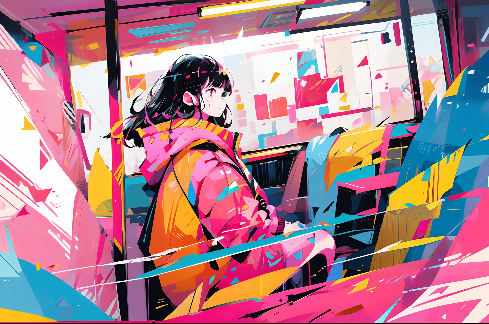 masterpiece, {{{best quality}}}, {{ultra-detailed}}, {illustration}, cinematic angle, {detailed light},cinematic lighting. A bus journeys west, the windshield flashing pink, pink glancing off of metal, brushing the dented flank of blue, beat-up enamel