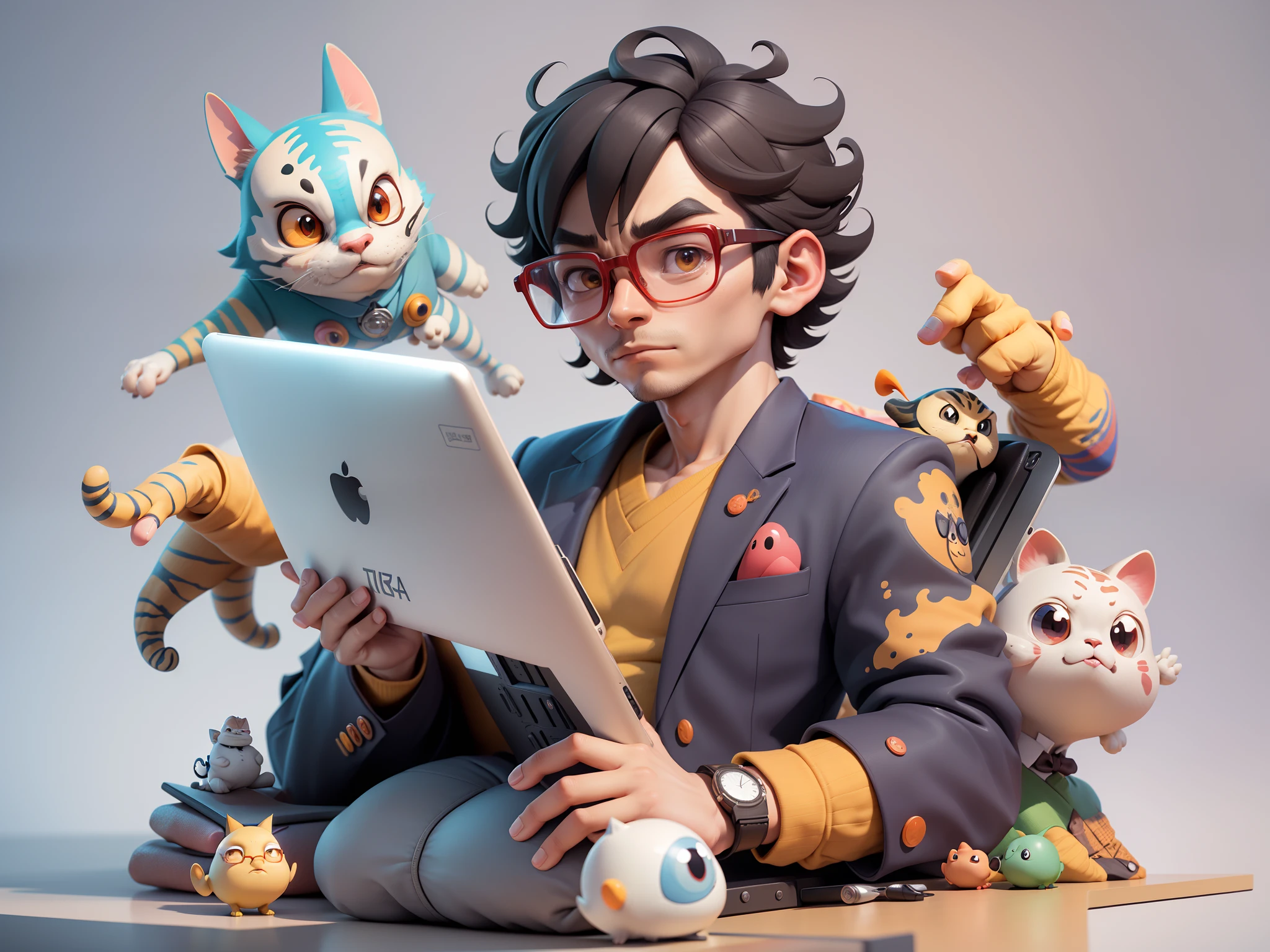 A young man in a suit, Short hair and glasses sat at his desk，holding laptop，digitial painting，tigre，3D character design by Mark Clairen and Pixar and Hayao Miyazaki and Akira Toriyama，4K HD illustration，Very detailed facial features and cartoon-style visuals。