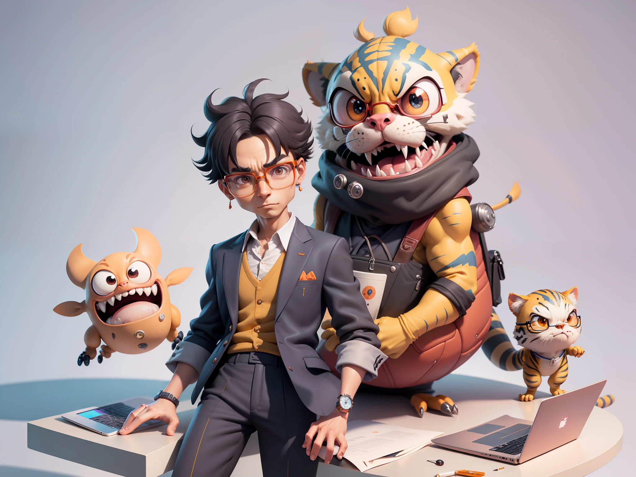 A young man in a suit, Short hair and glasses sat at his desk，holding laptop，digitial painting，tigre，3D character design by Mark Clairen and Pixar and Hayao Miyazaki and Akira Toriyama，4K HD illustration，Very detailed facial features and cartoon-style visuals。