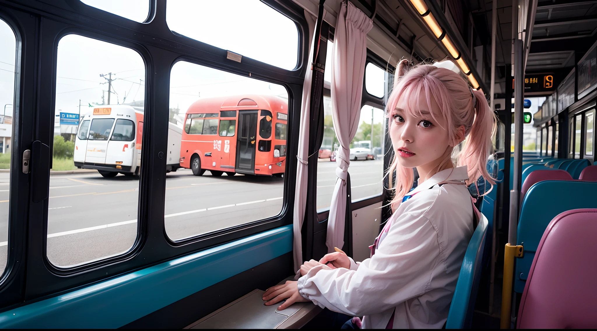 a bus journeys west,
the windshield flashing pink,
pink glancing off of metal,
brushing the dented flank
of blue, beat-up enamel