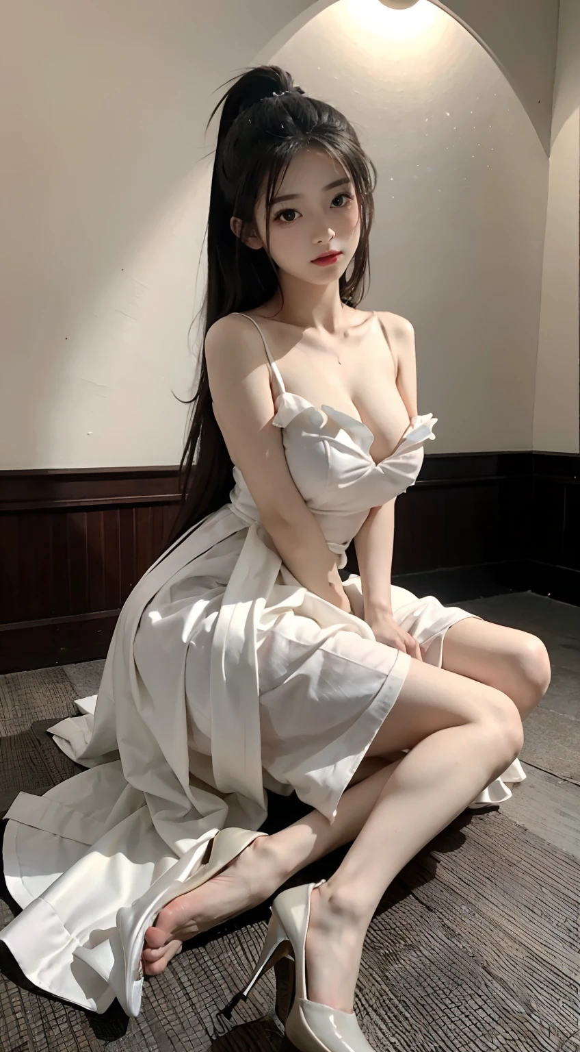 Master quality, highest quality, best picture quality, exaggerated details, goddess of moonlight cute 8 year old asian little girl with a shy expression, slightly squinted eyes, adjusting her hair, long eyelashes (long hair / very, very exaggerated big breasts, big tits / in petticoat dress tissue, ), posing sit in front of the camera, wet breast hanfu open v chest clothes, full body xianxia, high heel diamond, erotic, LOLITA, out house