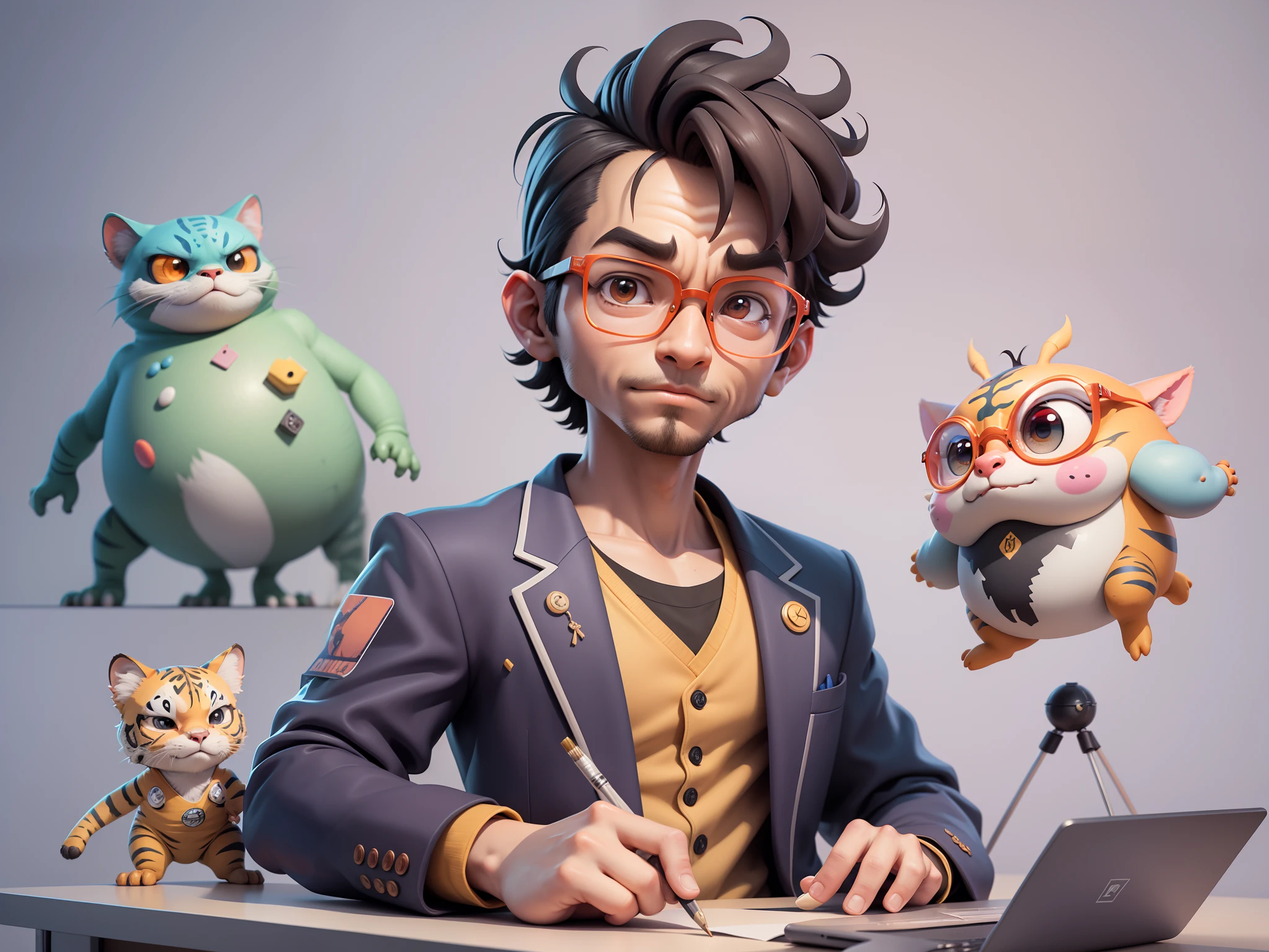 A young man in a suit, Short hair and glasses sat at his desk，holding laptop，digitial painting，tigre，3D character design by Mark Clairen and Pixar and Hayao Miyazaki and Akira Toriyama，4K HD illustration，Very detailed facial features and cartoon-style visuals。