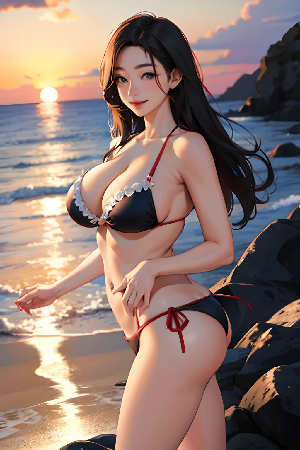 realisticlying、Real adult women、Buttocks emphasis The slightly larger sea accentuates the sunset、Smile sexily、Cleavage emphasis、Face Real、Bikini Wearing、