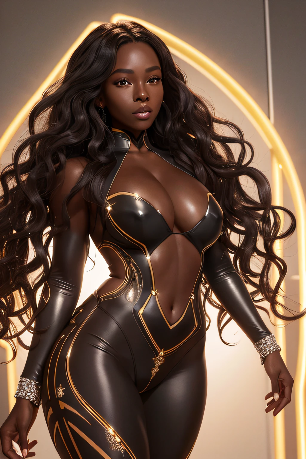Dark Skin Woman, Long Wavy Hair, Masterpiece, Extremely Detailed, Soft Ambient Lighting, Ray Tracing, Ambient Occlusion, Bloom, Delicate Detailed Brush Strokes, Very High Quality, Ultra Detailed, Light Flares In Background, Disco, Lights neon, brown trench coat, black tight pants, 16K quality, high resolution