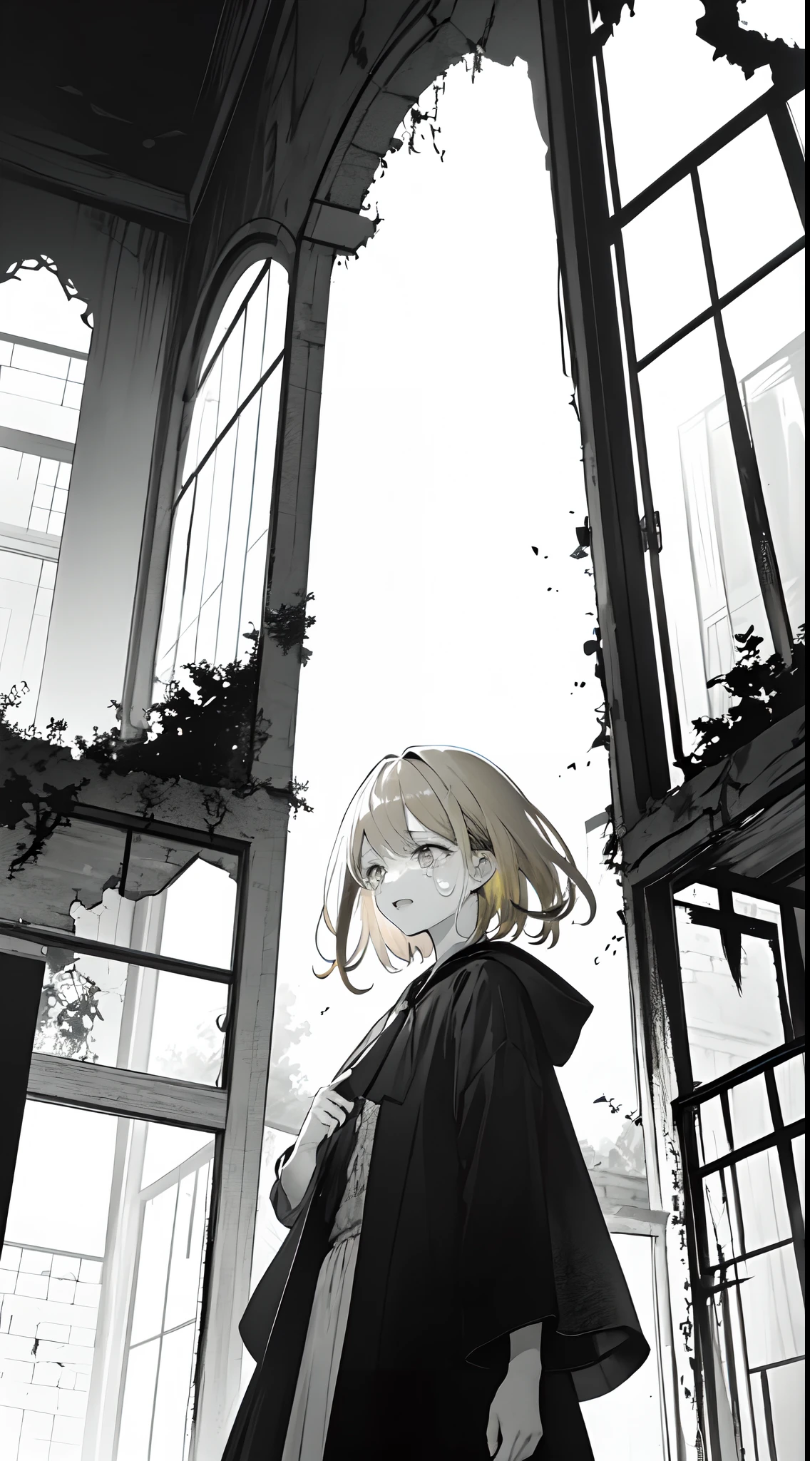 Within the ruins, very dark chaos vibes, there was a blonde haired girl, crying under a sky without stars and sun ((monochromatic))