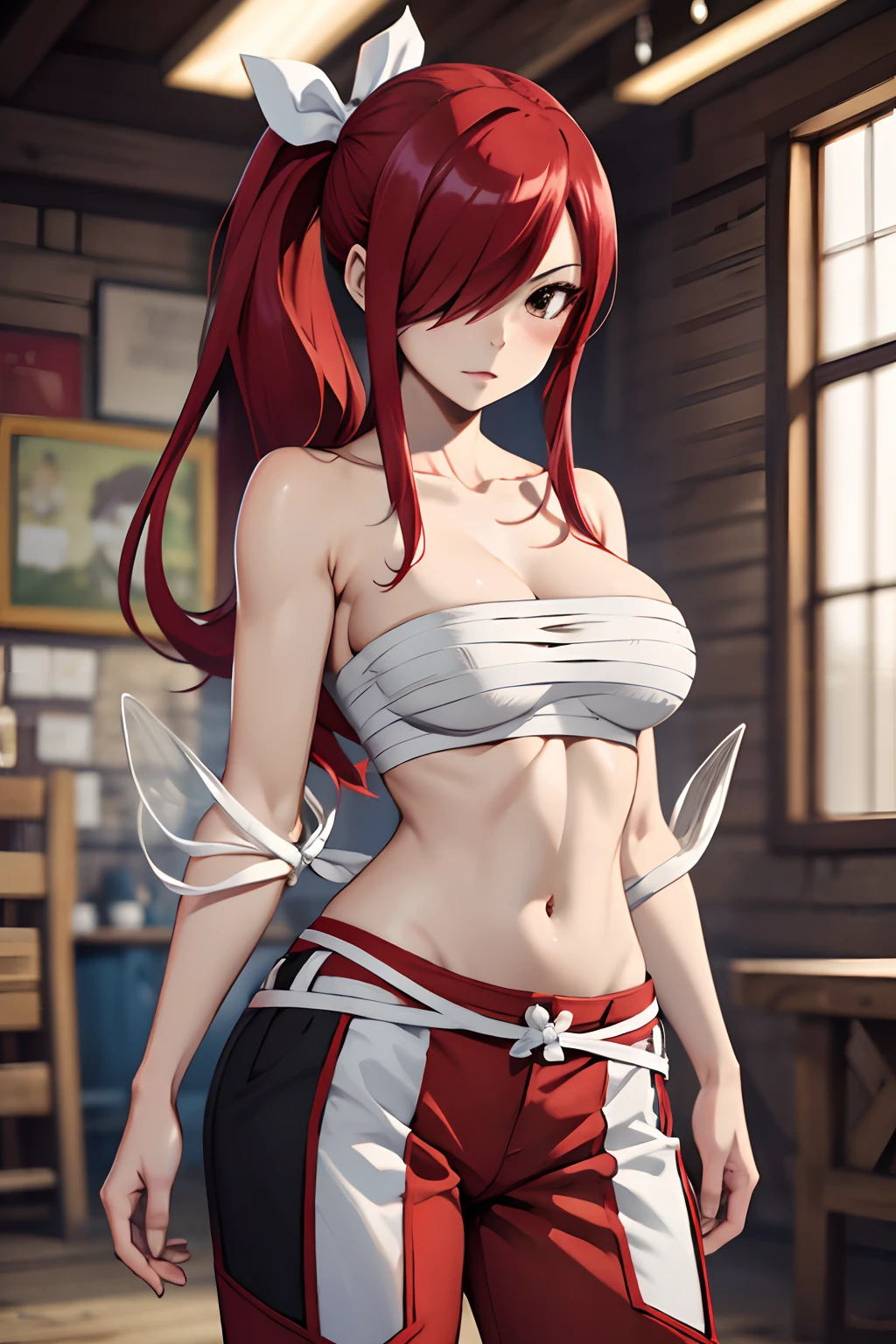 masterpiece, best quality, highres, fairy tail, 1girl, long hair, red hair, ponytail, white ribbon, hair over one eye, brown eyes, large breasts, collarbone, chest sarashi, bandage, bare arms, midriff, red hakama, red pants, cowboy shot, indoors, standing,