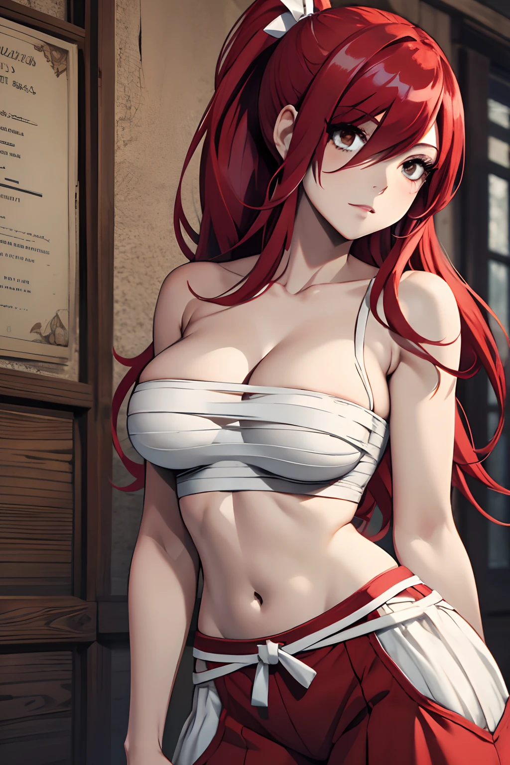 masterpiece, best quality, highres, fairy tail, 1girl, long hair, red hair, ponytail, white ribbon, hair over one eye, brown eyes, large breasts, collarbone, chest sarashi, bandage, bare arms, midriff, red hakama, red pants, cowboy shot, indoors, standing,